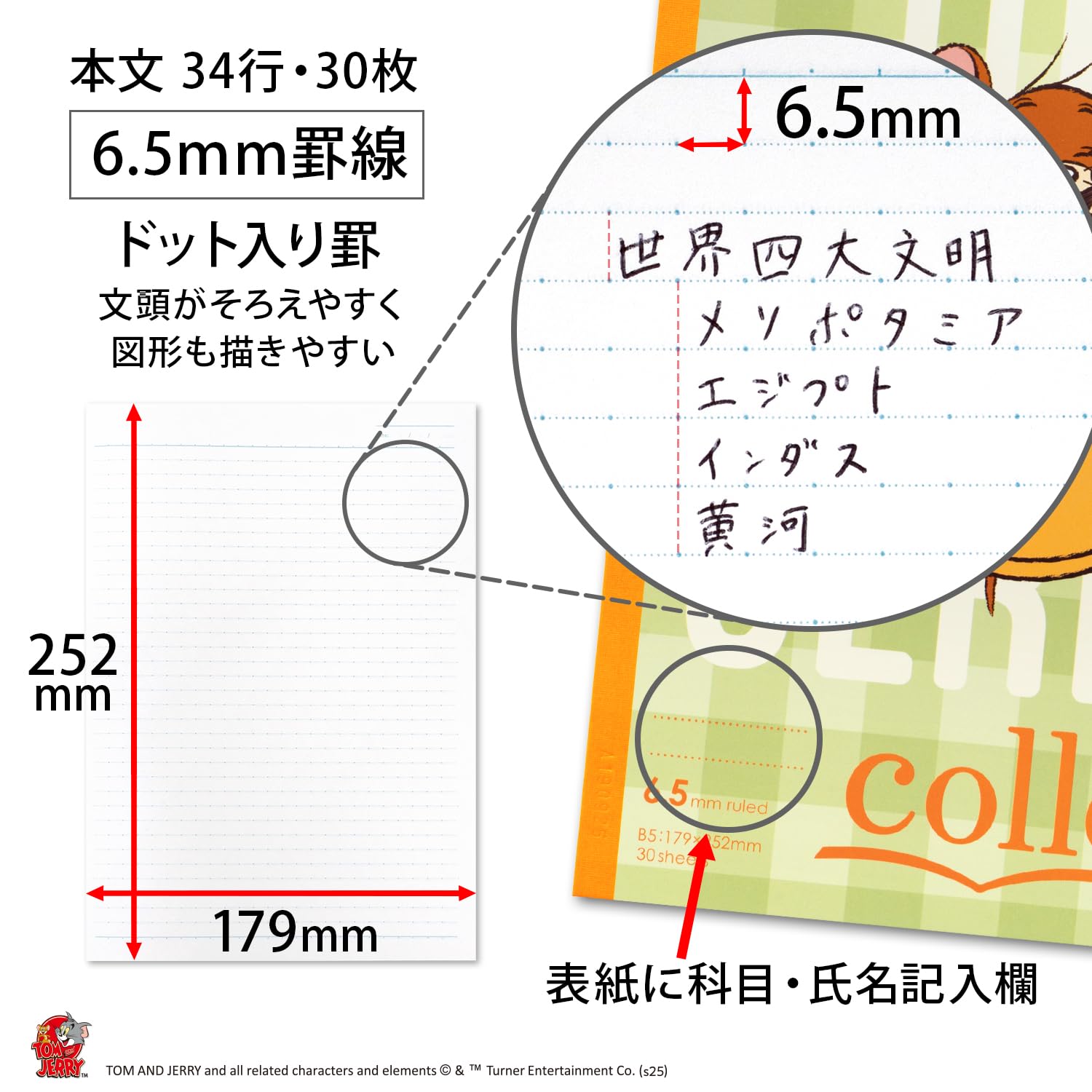 Kyokuto U18905 Lot de 5 carnets de notes Tom et Jerry, Cheese Party, semi-B5, règle de 6,5 mm, assortiment