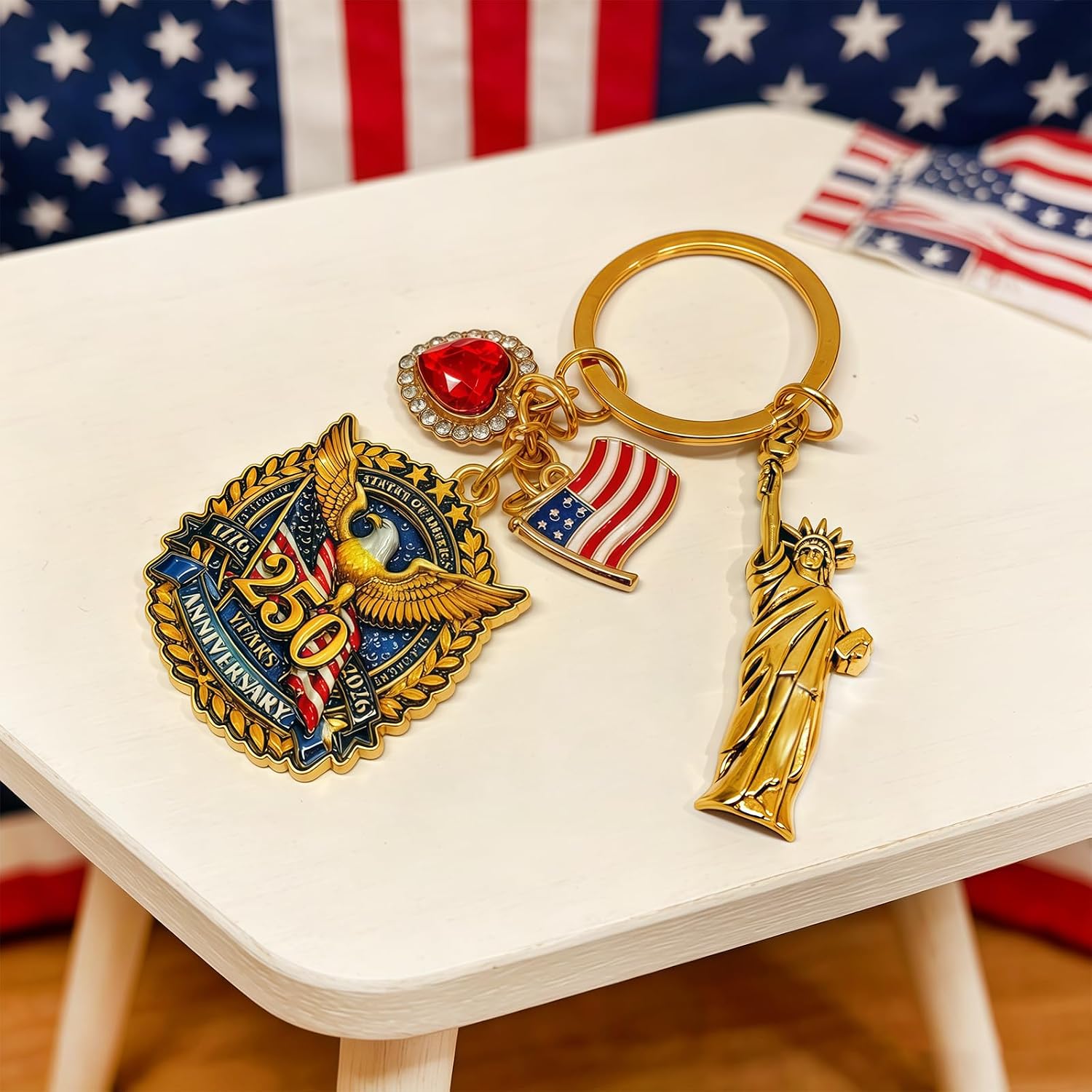 250 Anniversary USA Merchandise - Gold Patriotic Keychain with Eagle & Flag Charm Featuring 1776-2026, Statue of Liberty Pendant, Red Crystal Heart, for 4th of July & Father's Gifts