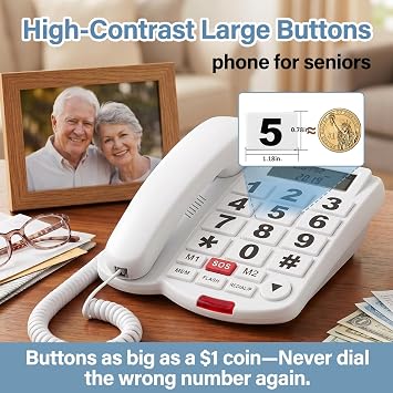 Big Button Phone for Seniors with Speakerphone Caller ID, Large Button Phones for Visually Impaired Seniors, 110dB+ Amplified Ringer & 90dB+ Speaker Volume is Adjustable for Hearing Impaired Elderly
