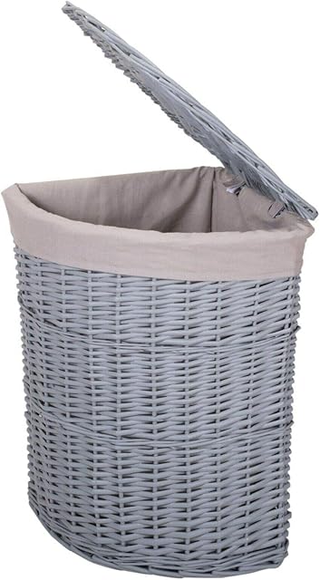 Lidded Grey Wicker Corner Linen Laundry Basket with Cotton Liner