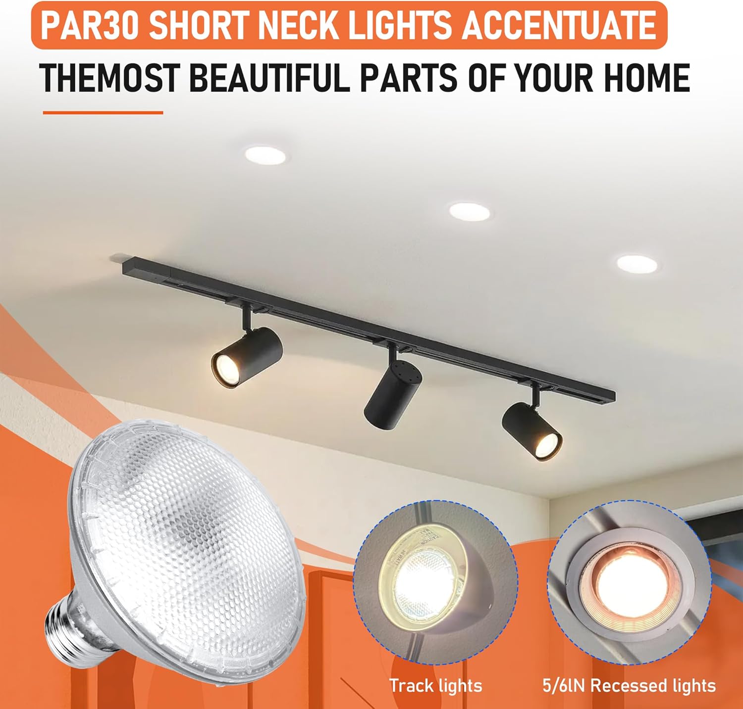 Par30 Short Neck Halogen Flood Light Bulbs, 6 Pcs 75W 120V Light Bulb with E26 Medium Base, 3000K Warm White High Output, Par30 Dimmable Bulbs for 5-6in Recessed/Ceiling Can/Accent/Tracking Lights