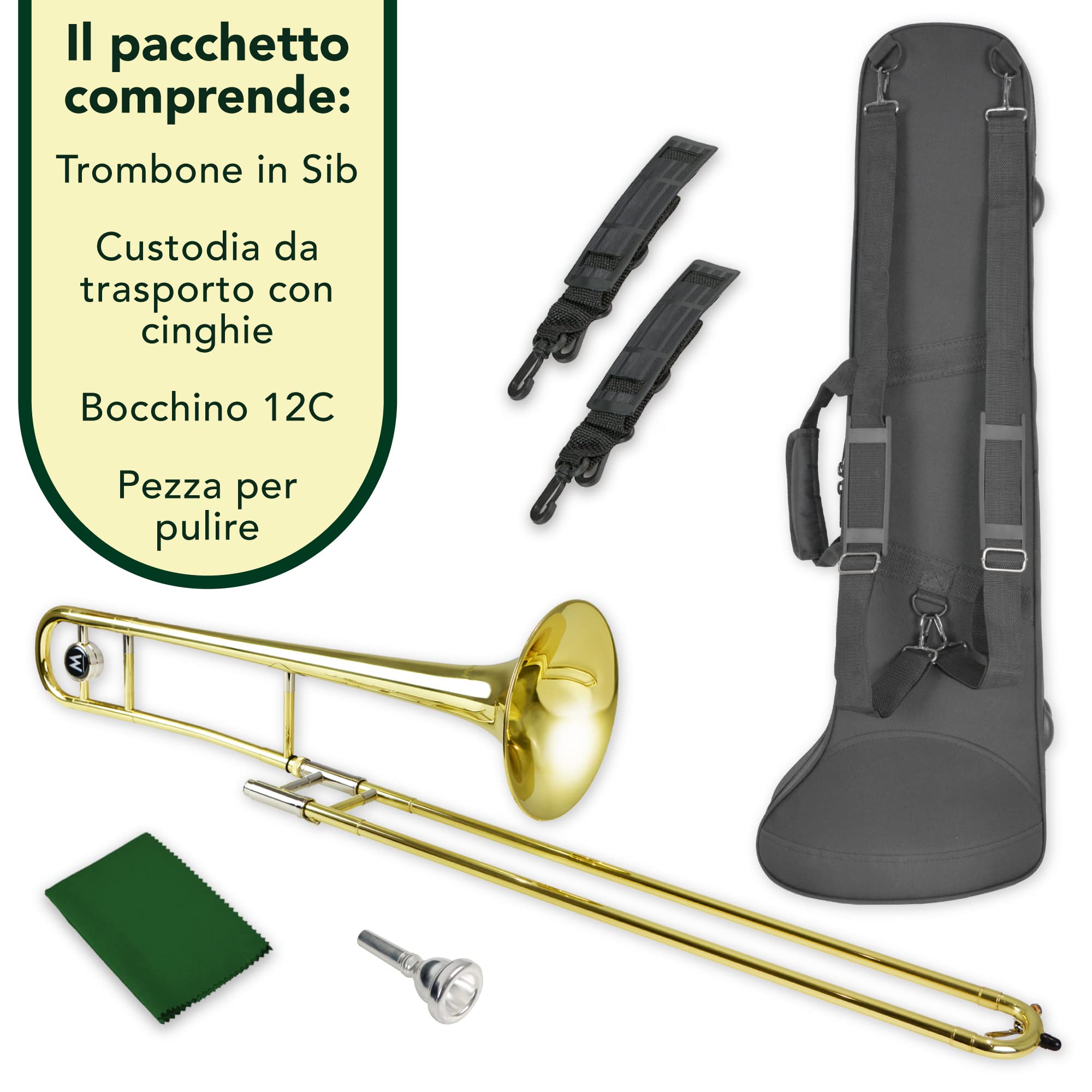 Montreux Student Trombone in Sib per Principianti con Custodia Protettiva Leggera, Bocchino 12C - Ottone Laccato, Campana da 8"/20 cm, Si Bemolle