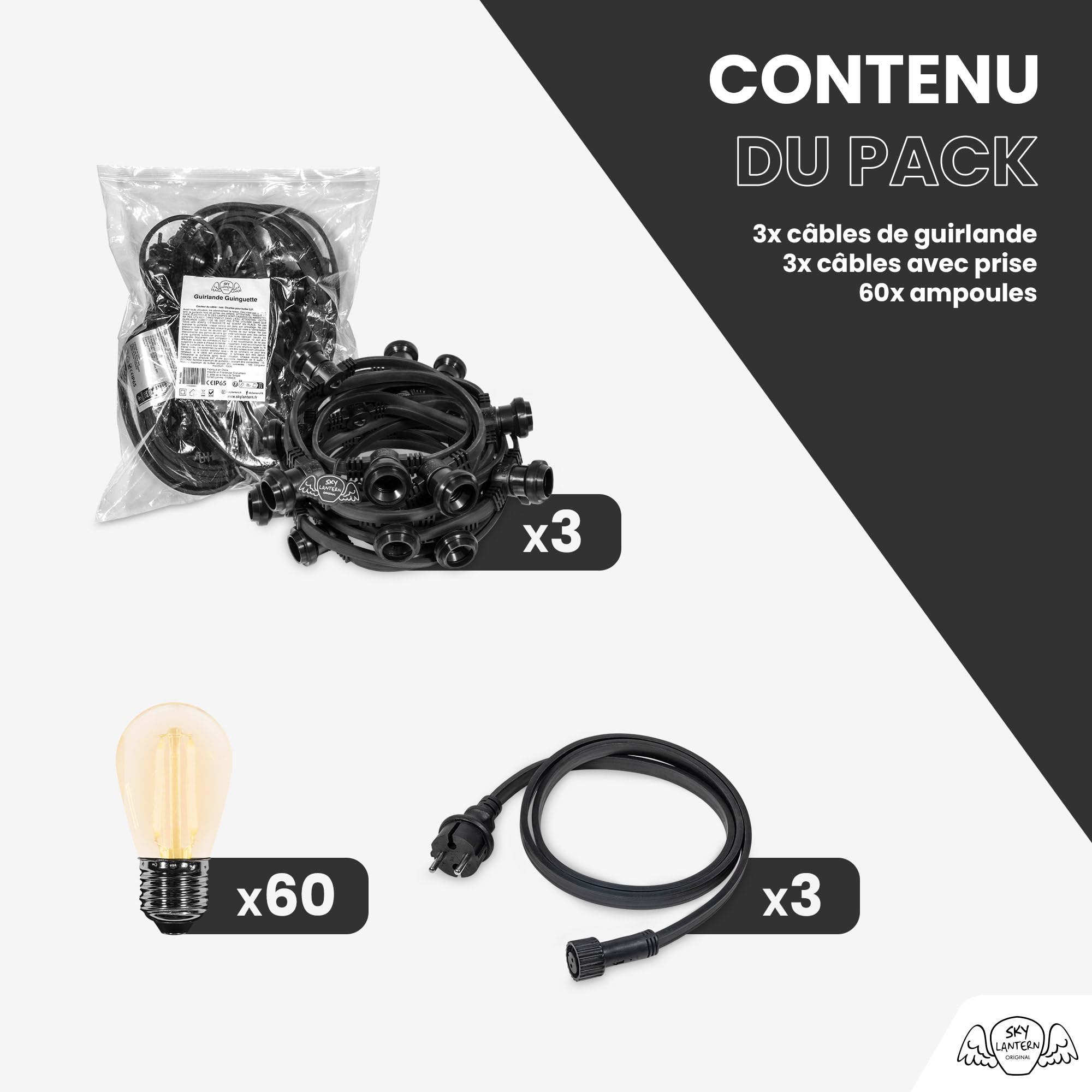 SKYLANTERN Guirnalda Luces Exterior 30M 60 Bombillas LED E27 Ámbar Cálido 2700K IP65 Impermeable Extensible Conexión Múltiple Doble Filamento Jardín Terraza Bodas