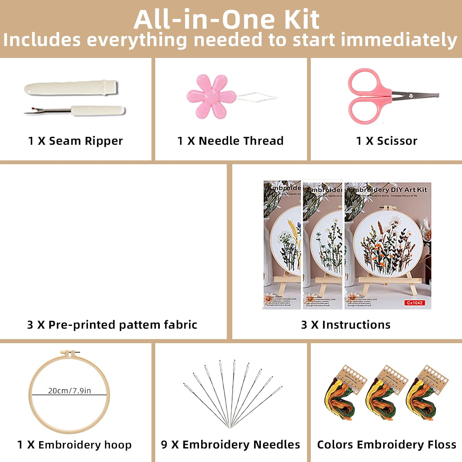 Herdiese Embroidery Kit for Beginners with 3 Floral Patterns