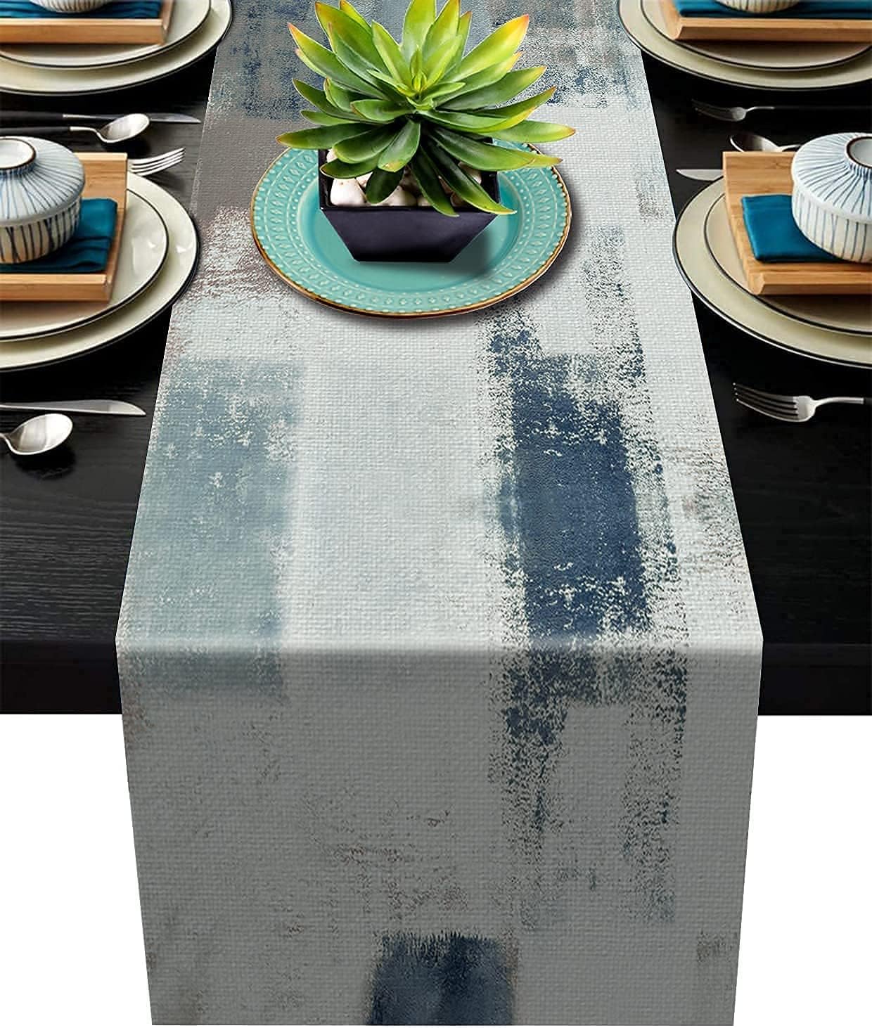 Table Runner Turquoise and Grey Abstract Dinner Table Runners Farmhouse Style Burlap Rustic Table Runner for Home Kitchen Party Decor Everyday Use 13 x 70 Inches