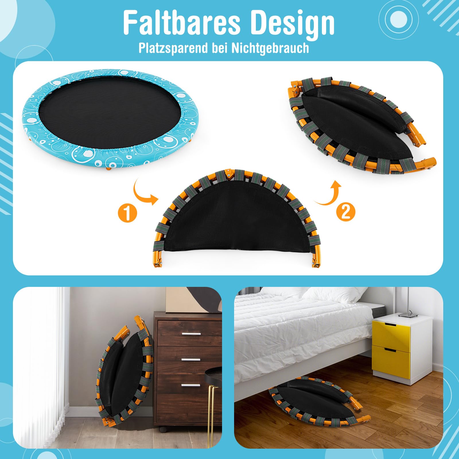 COSTWAY φ92cm Mini Trampolin, Fitness Trampolin faltbar, Kindertrampolin bis 150kg belastbar, Gartentrampolin, Indoor- und Outdoortrampolin