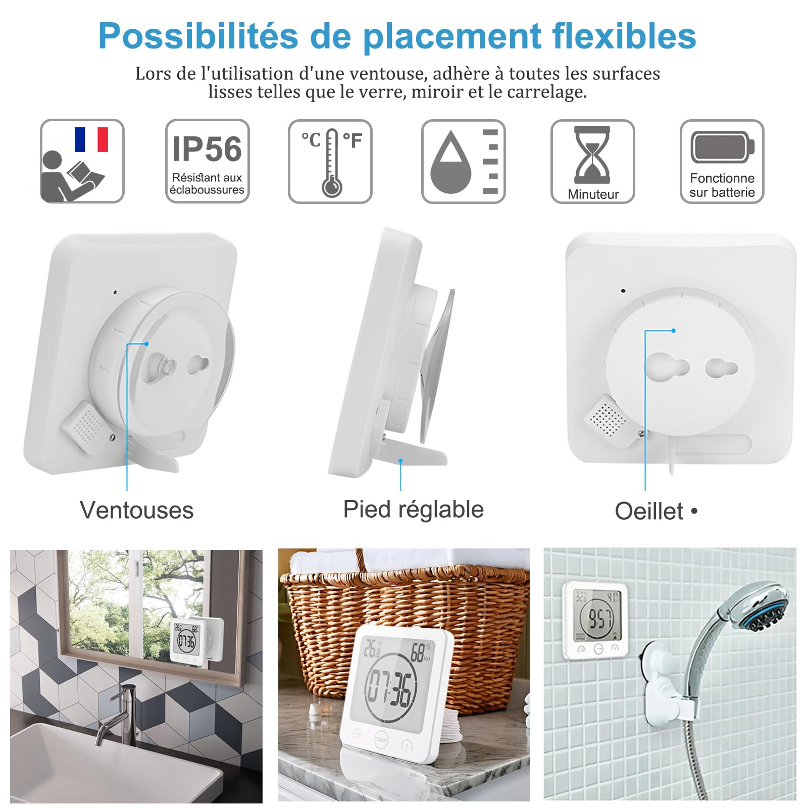 Reloj de Baño, Despertador Digital, Temperatura Humedad Reloj Digital Reloj Temporizador, Alarma Impermeable Temporizador de Cuenta Regresiva, LCD Control Táctil, para Baño de Cocina (Blanco)
