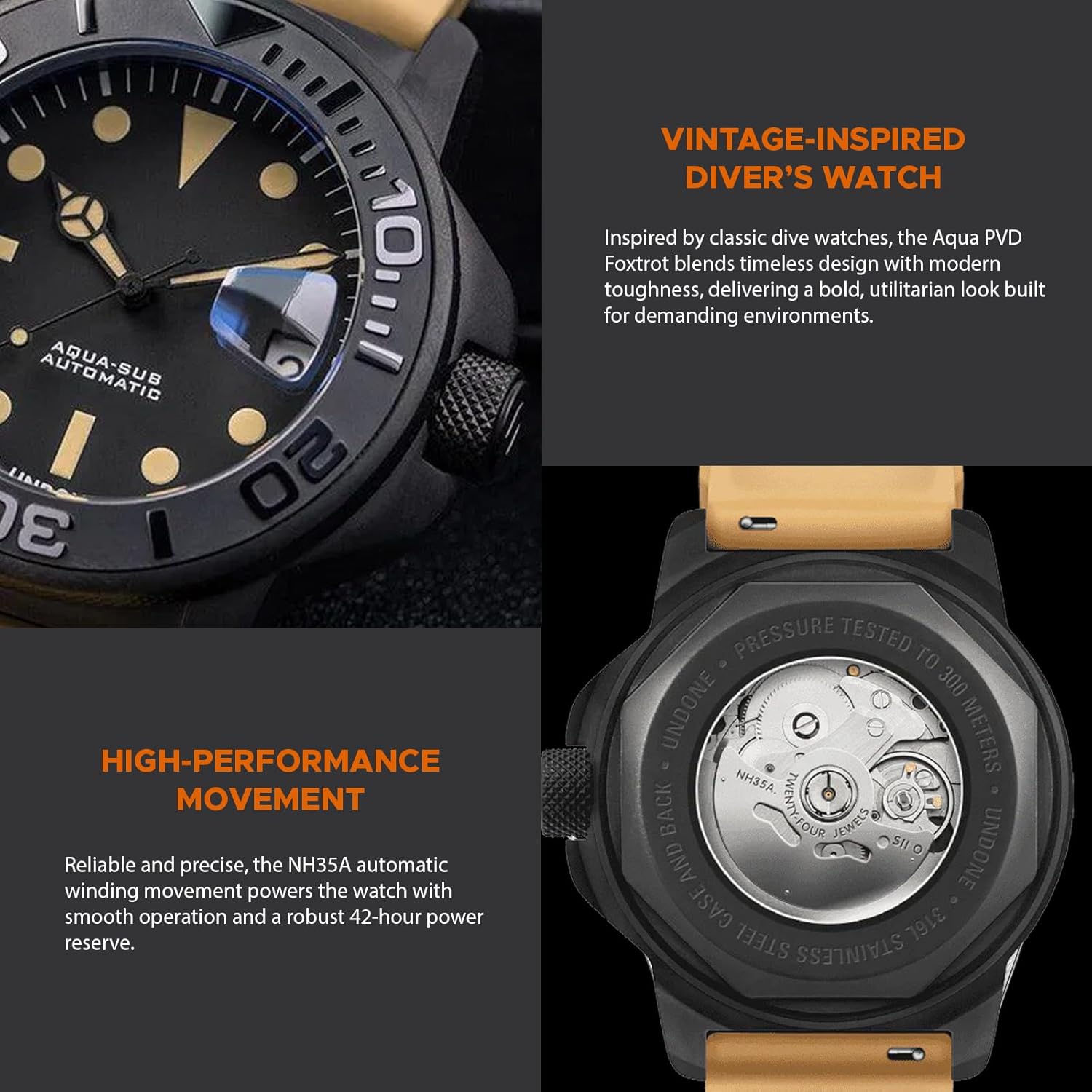 UNDONE Aqua II Foxtrot Automatic Dive Watch for Men 43mm 300M Water Resistance Wristwatch Diver for Men with Rubber Strap (Black Dial | Beige Rubber Strap)