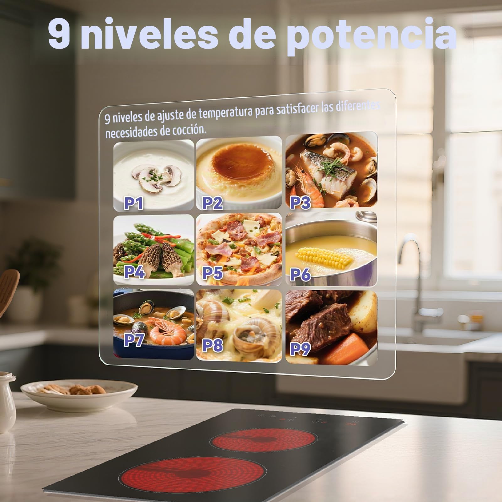 Placa Vitrocerámica 2 fuegos STARCHARTS, 52x29cm 3000W, placa de cocción eléctrica con control táctil, 9 niveles de potencia, temporizador 99 min, bloqueo para niños