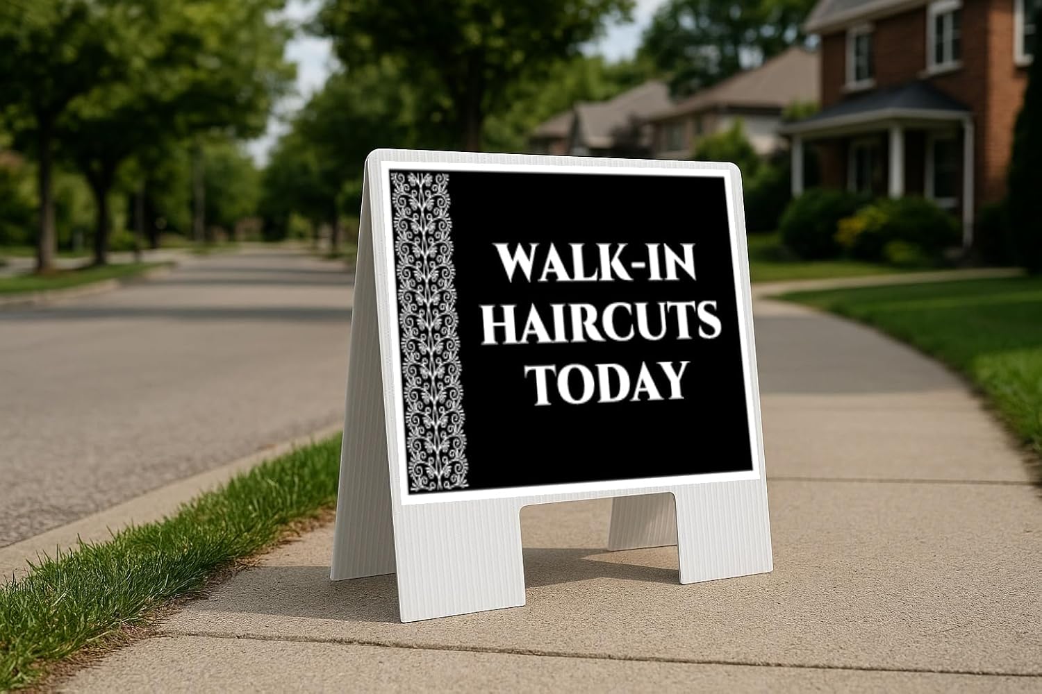Walk-In Haircuts Today Formal 1 Double Sided 18x24 in. Yard Road Sign w/Stand