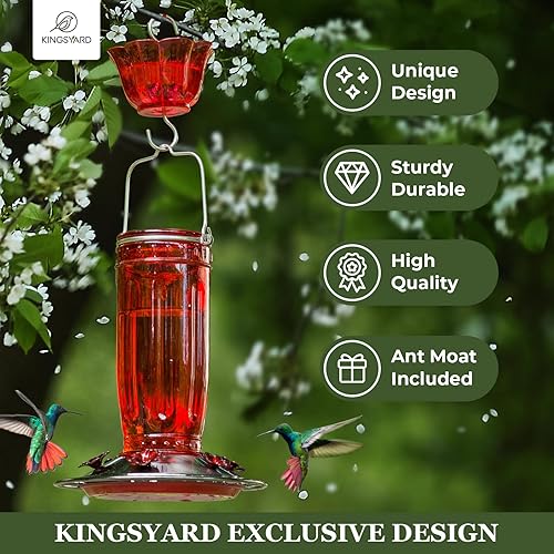 Miniatura 3 de Kingsyard Comedero de vidrio para colibríes para exteriores, comedero para pájaros silvestres con 6 puertos de alimentación para colgar para patio