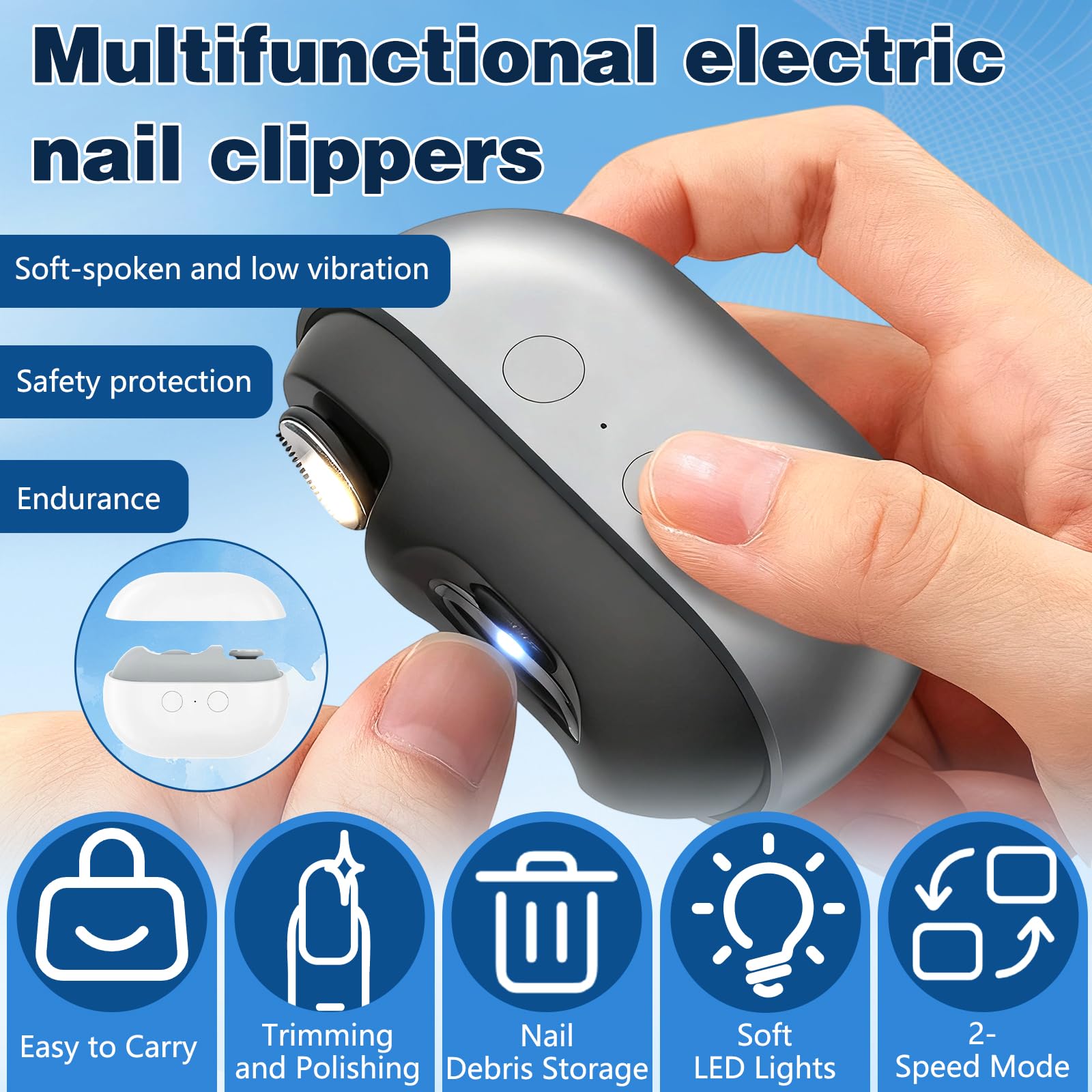 Easyclip Inteligentny obcinacz do paznokci, 3 w 1, łatwy klips, inteligentny obcinacz do paznokci, ze światłem LED, przechowywanie i polerowanie, dla seniorów, dzieci (szary)