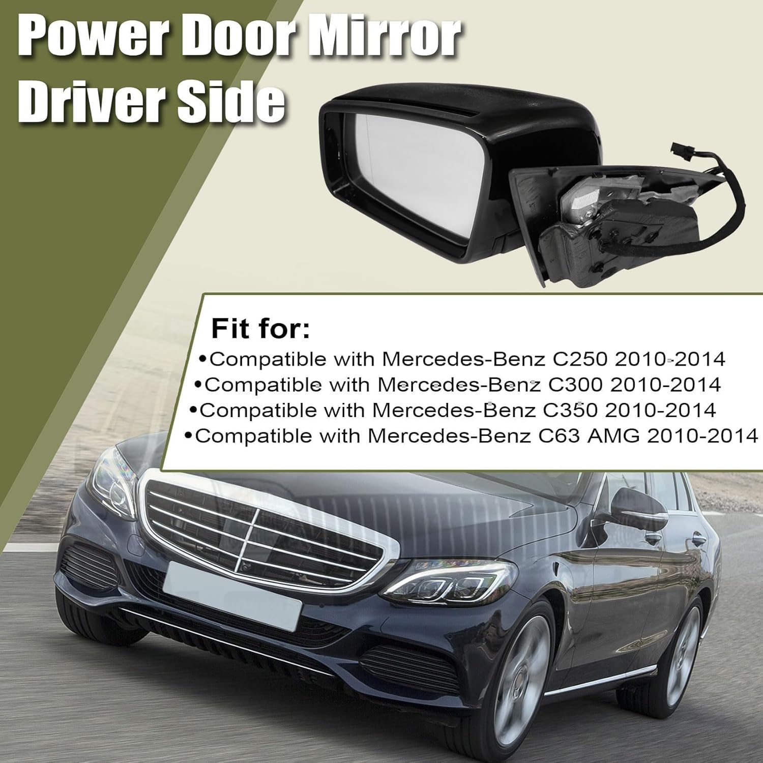 Priprilod Exterior Mirror Black Driver Left Side Fit For Mercedes-Benz C63 AMG C250 C300 C350 2010-2014 Automatic Dimming, Heated, Side View, In-housing Signal Light, With Puddle Light #2048103176