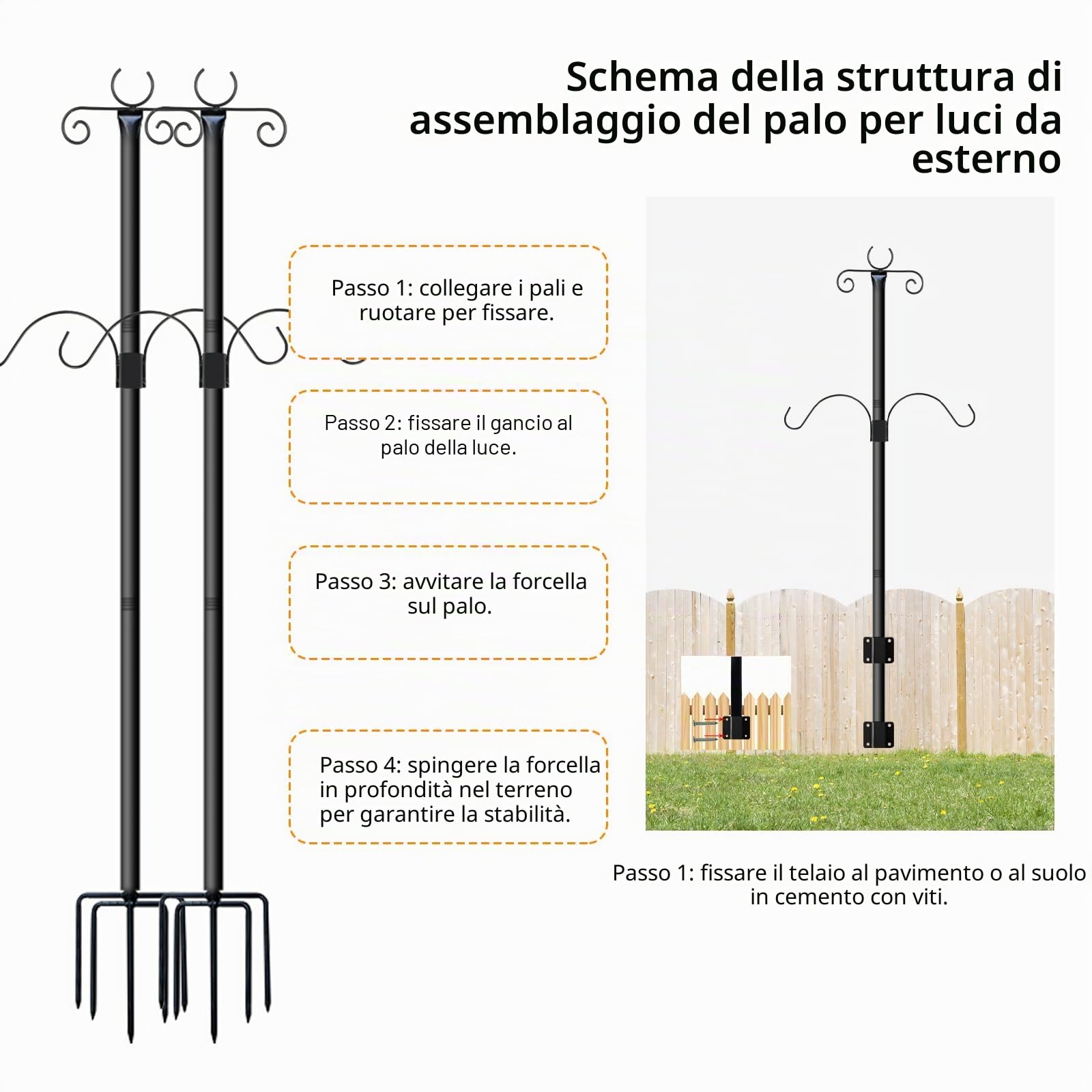 Pali per Luci da Esterno, Confezione da 2 Pali Festoni per Appendere Luci Natalizie, Luci a LED, Lanterne, Pali da 2,4M per Giardino, Matrimoni, Feste, Patio