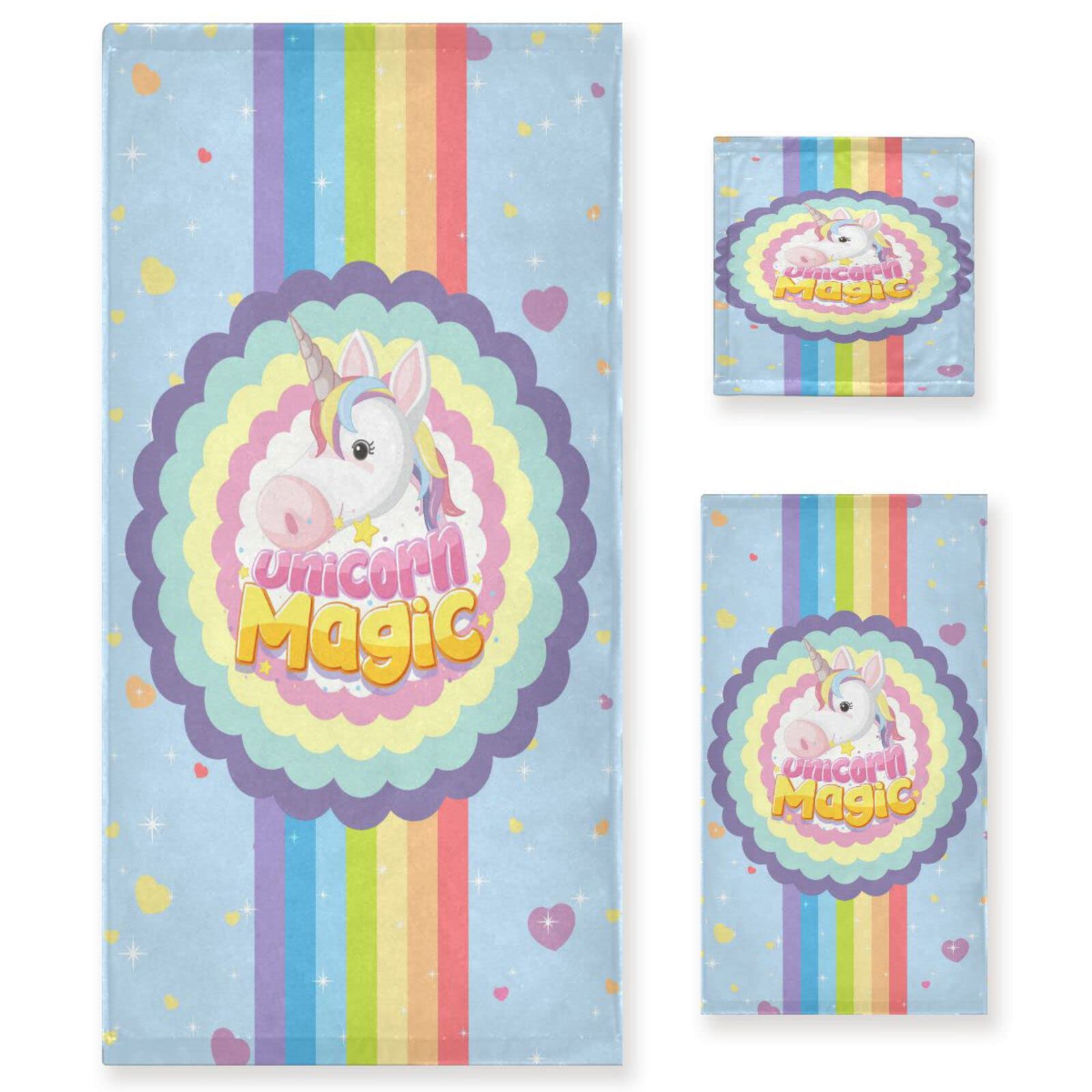 Arcoíris Unicornios Magia Lindas Juego de Toallas para Baño Playa 100% Algodón de Piscina Toalla (1 Toalla de Baño y 1 Toalla de Mano y 1 Paño de Lavado) para Nadar Hotel Niñas Niños Niños