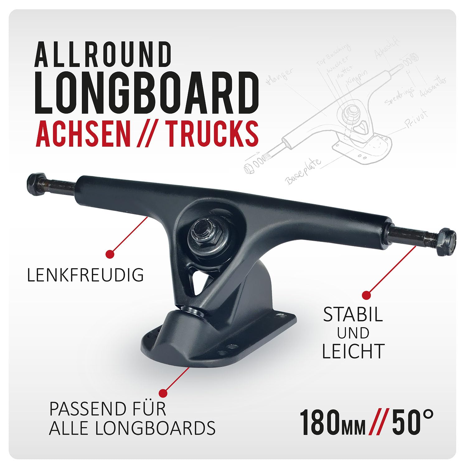 Trucks Bolzen Longboard V2 – 50°, 180mm, Noir (RKP) – Neuf