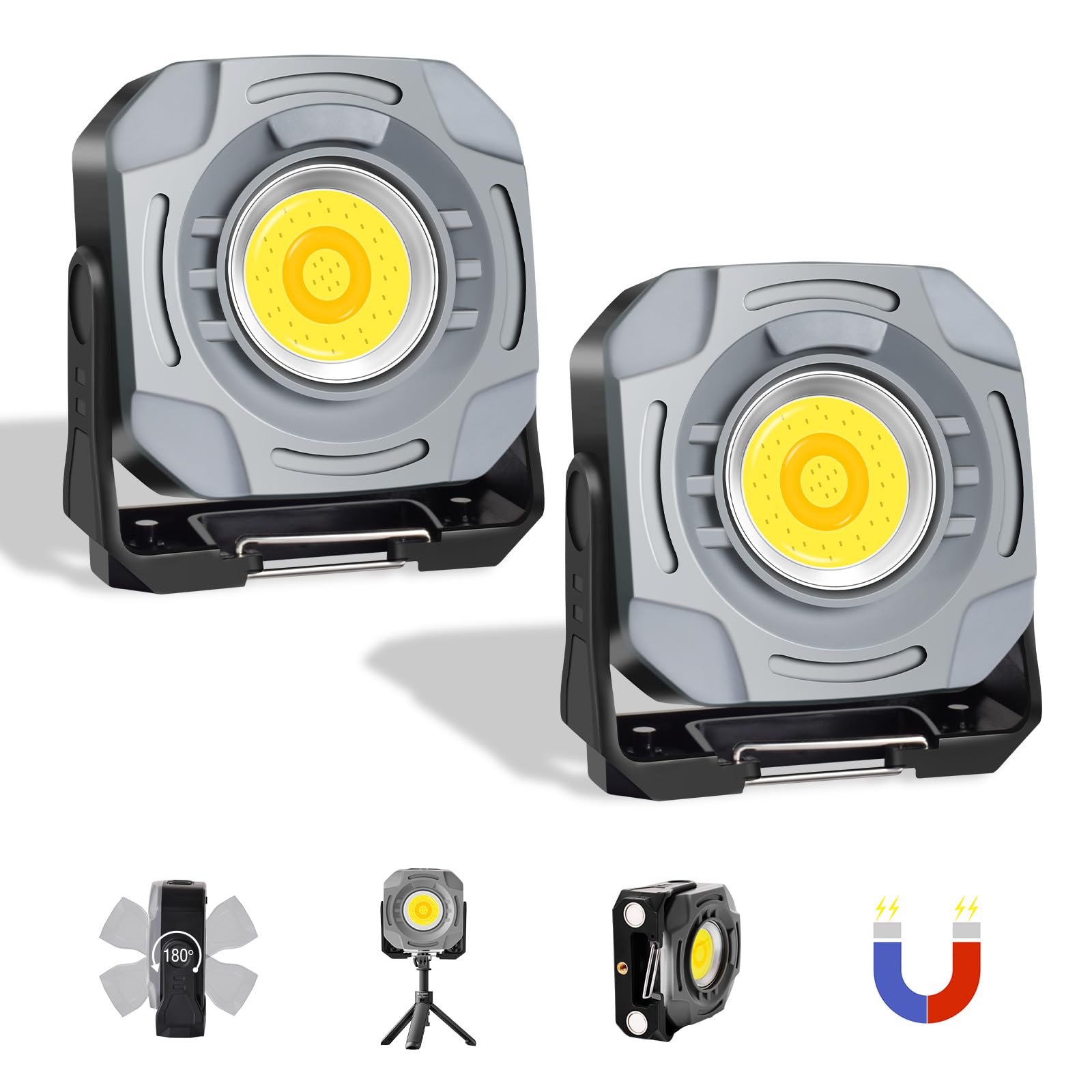 MASMEJOR Faro LED Ricaricabile 30W 1500LM, 2 Pezzi Lampada da Lavoro Ricaricabile a Batteria 4000mAh con 7 Modalità di Luce, Base Magnetica Potente, Ideale per Campeggio Officina Pesca