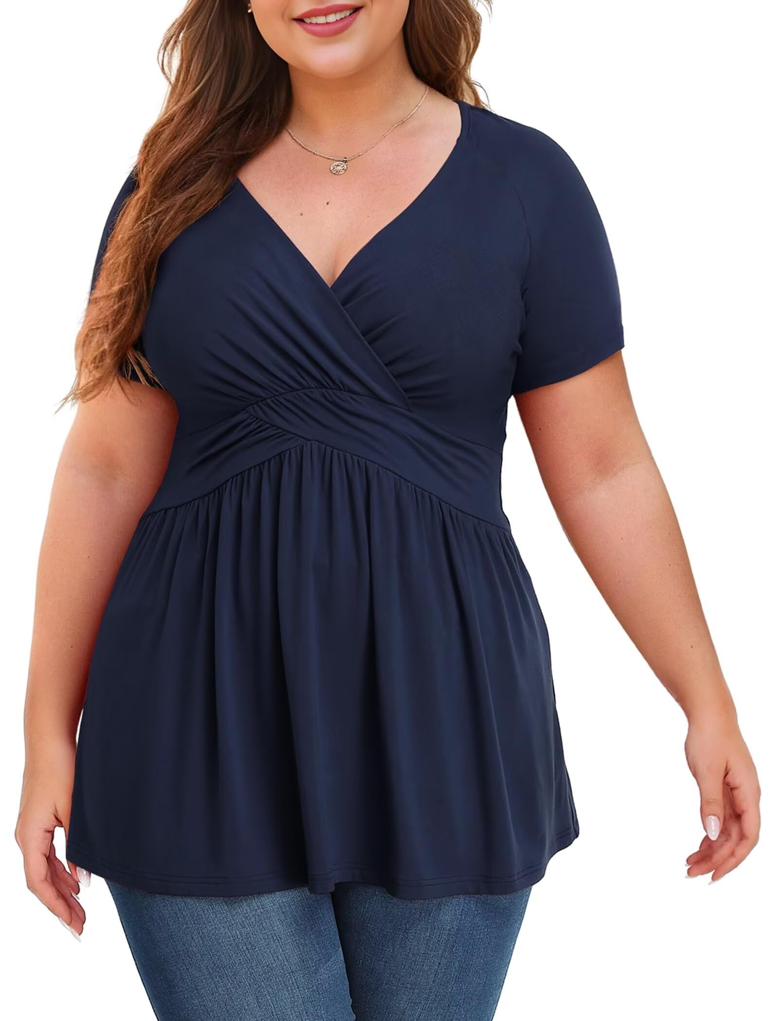 Anelune Tunika Damen Große Größen Sommer Kurzarm | V-Ausschnitt, Bequem, Weites Shirt, Casual Blusen