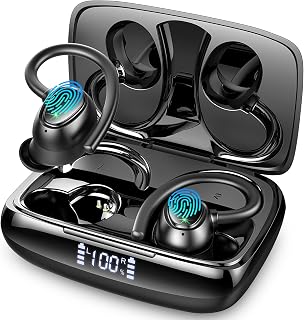 Wireless Earbud, 48Hrs Bluetooth 5.3 Headphones Over Ear IP7 Waterproof, Sports Wireless Earphones in Ear with Dual LED Display, Stereo Bass Over Ear bud with Earhooks for Workout/Running/Gym, Black