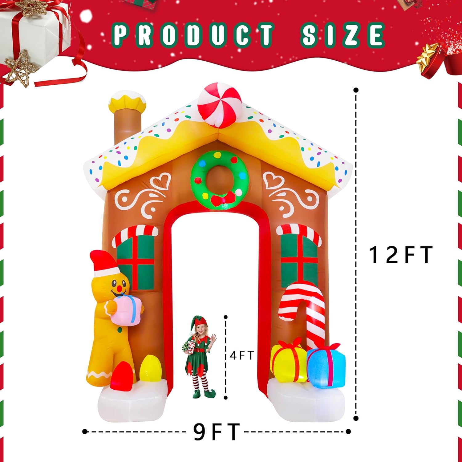 12FT Christmas Inflatables Decorations, Outdoor Gingerbread Arch Giant Blow Up with Built-in LED Lights for Yard Garden Lawn Holiday Decor
