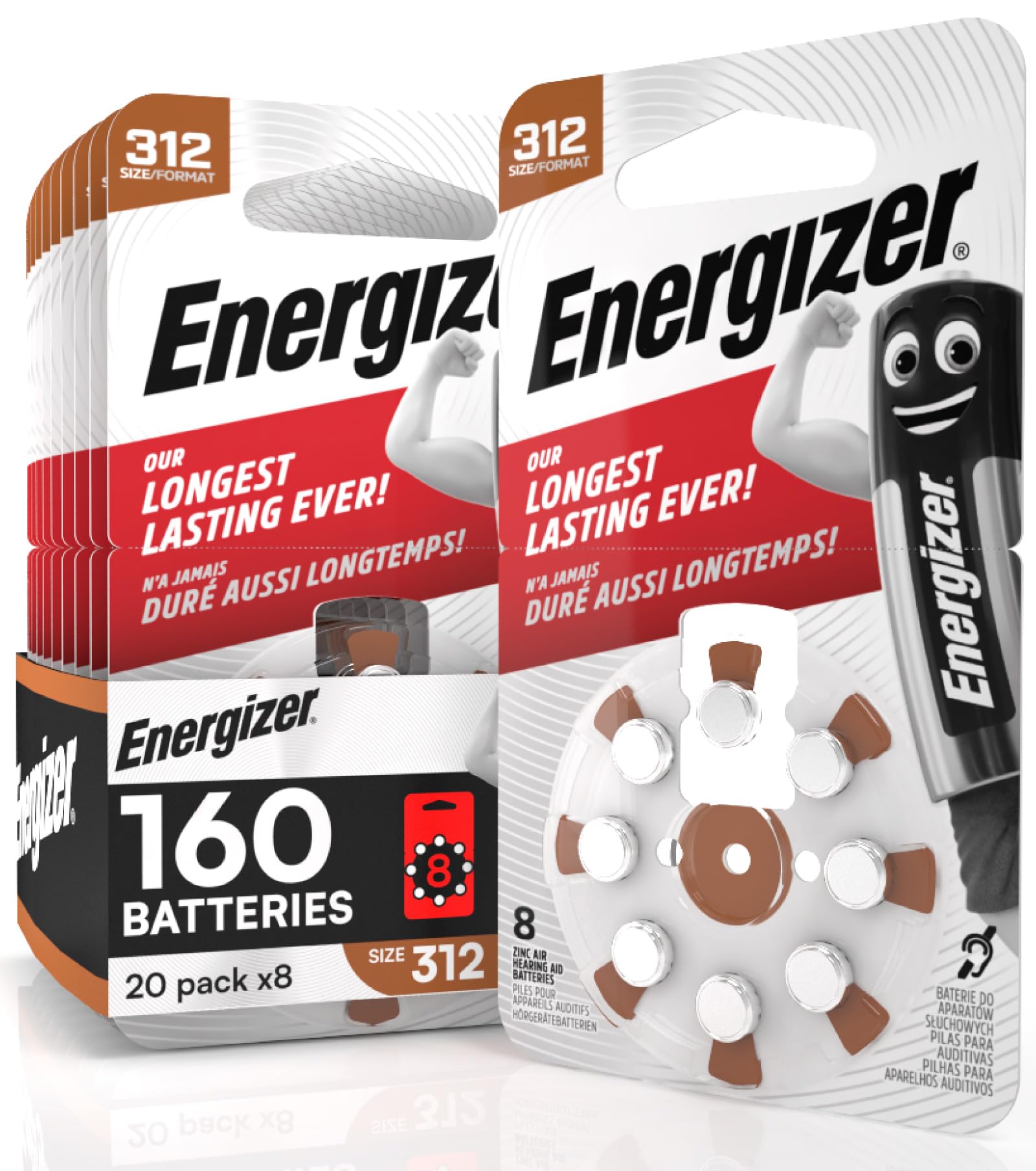 160 Energizer Hörgerätebatterien für Hörgeräte Kopfhörer Größe 312 braun ohne Quecksilber - 20 Packungen mit 8 Batterien