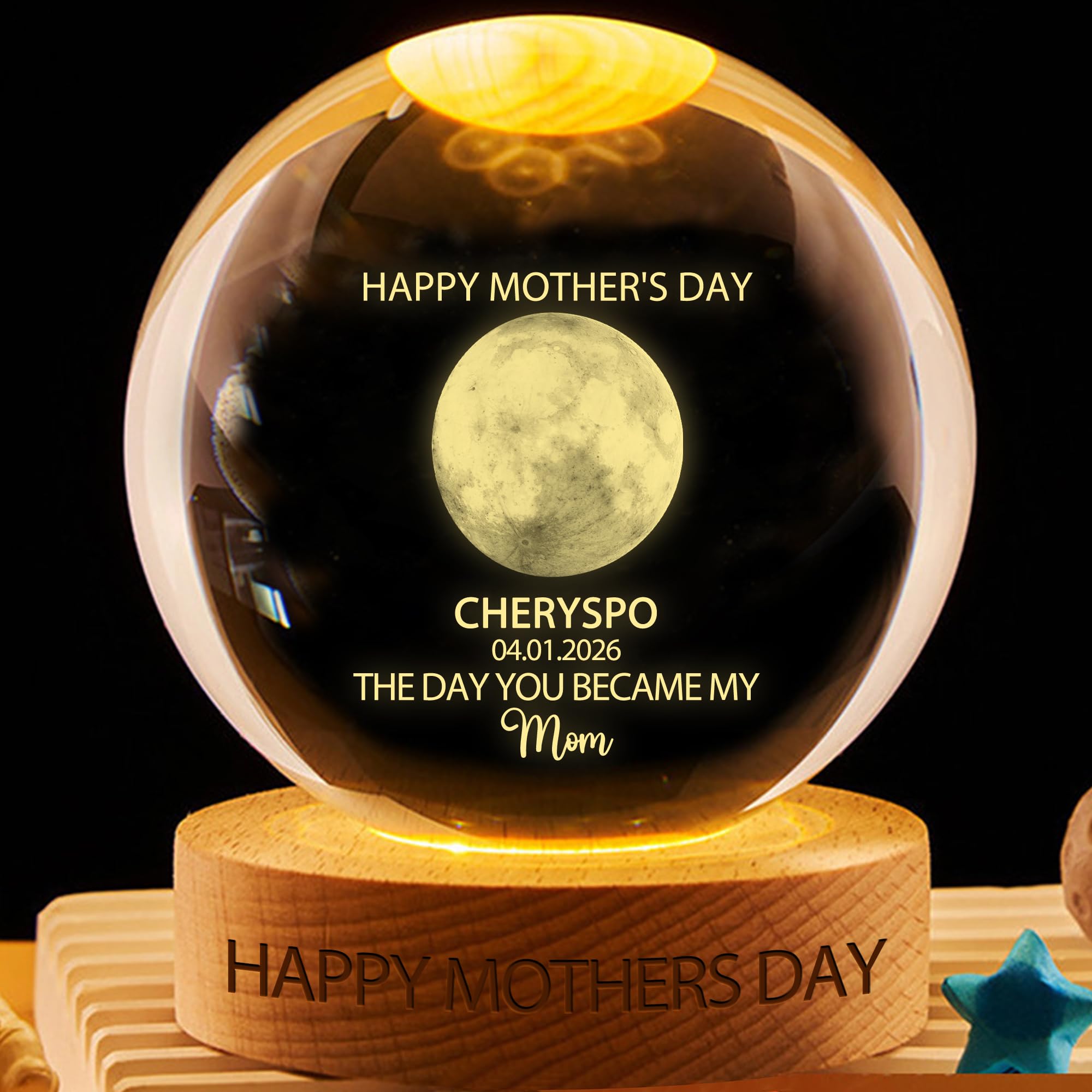 ASD Jewerly The Day You Becom My Mom, Personalized Mother's Day Family Moon Phase Crystal Ball Globe Night Light,Custom Birth Luna Picture Moon Phases Crystal Ball Lamp Gifts for Mom Mama