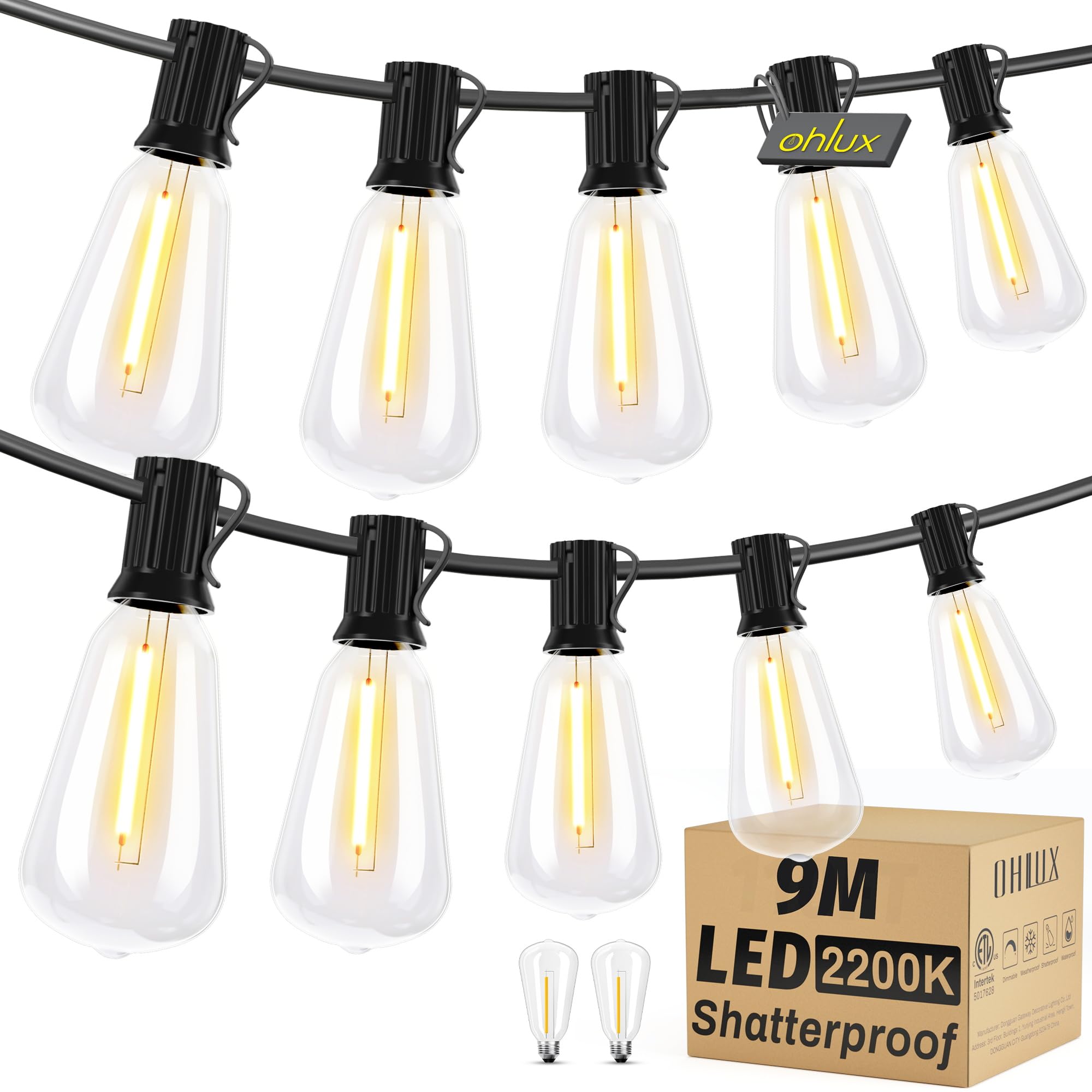 OHLUX 9M Lichterkette Outdoor Weihnachten Außen Festoon Lichter mit Stecker 17 ST38 LED Birnen 2200K Warmweiß IP65 Wasserdichte Verlängerbare Hängeleuchten Fairy Lights für Garten, Terrasse, Pavillon