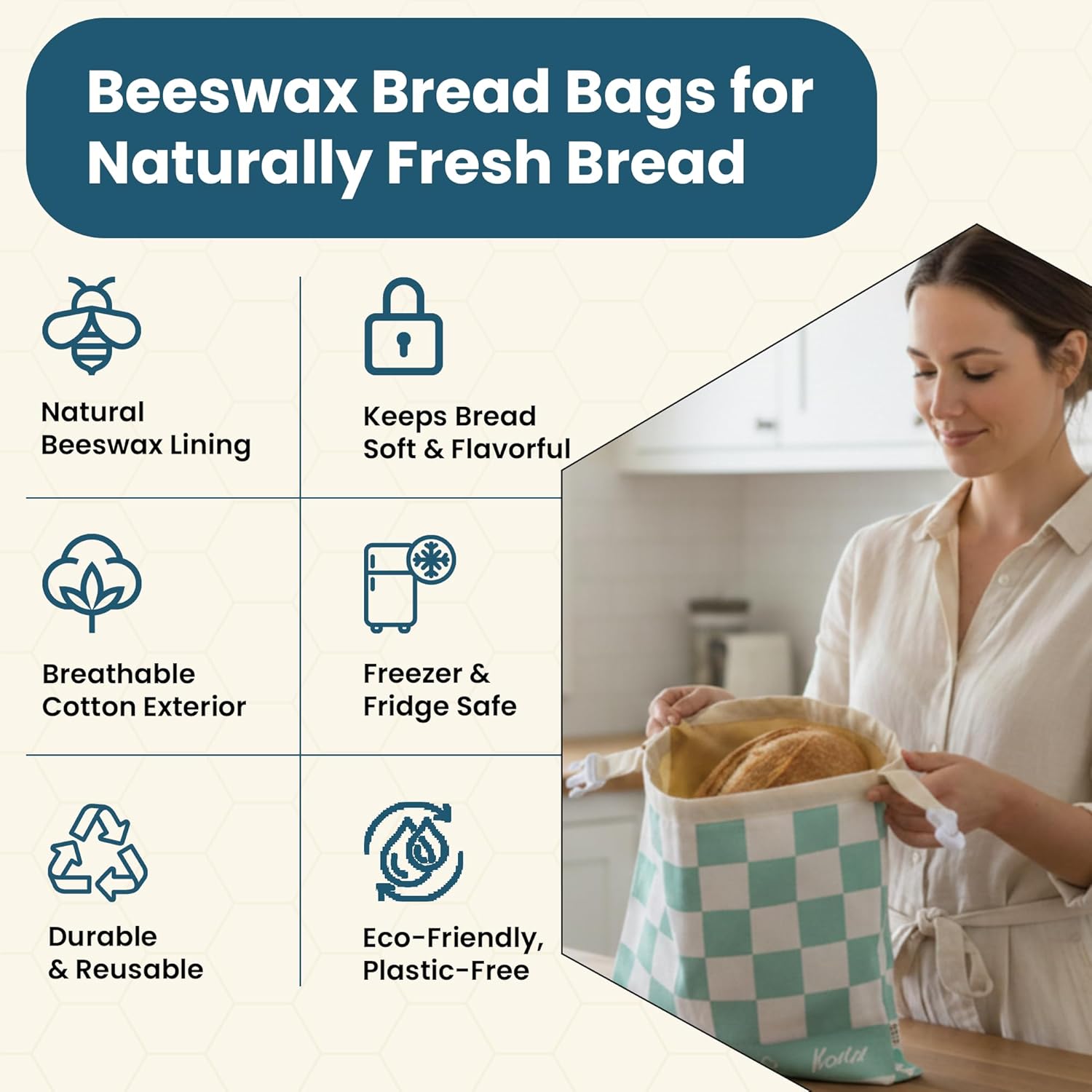 3-Pack Reusable Beeswax Bread Bags (XL, M, S) - Organic Cotton Beeswax Bread Storage Bag for Homemade Bread & Sourdough Freezer-Safe, Breathable & Freshness Support - Eco-Friendly Bread Bag