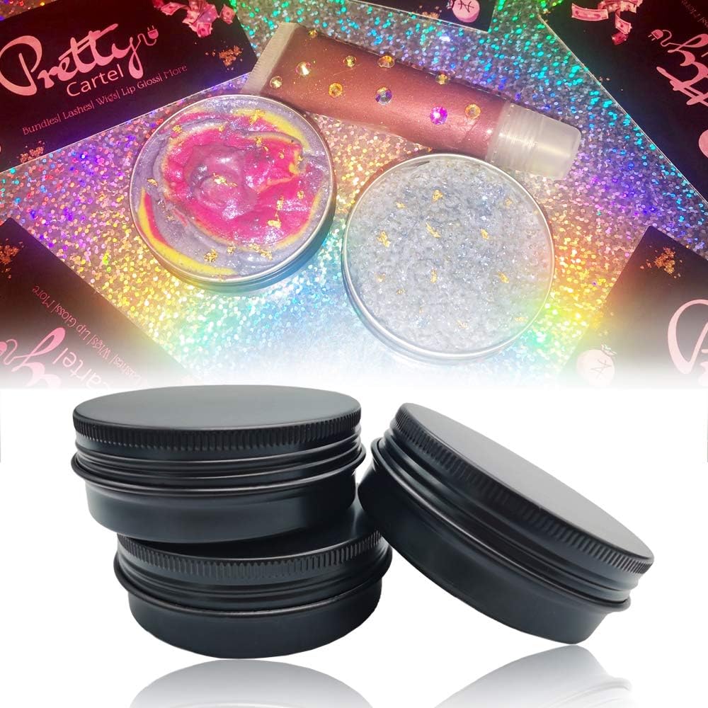 12 Pack 2 oz Aluminum Tin Jar 60 ml Round Refillable Containers,Black Aluminum Cosmetic Sample Containers with Screw Lid for Spice,Salve,Powder or Candies