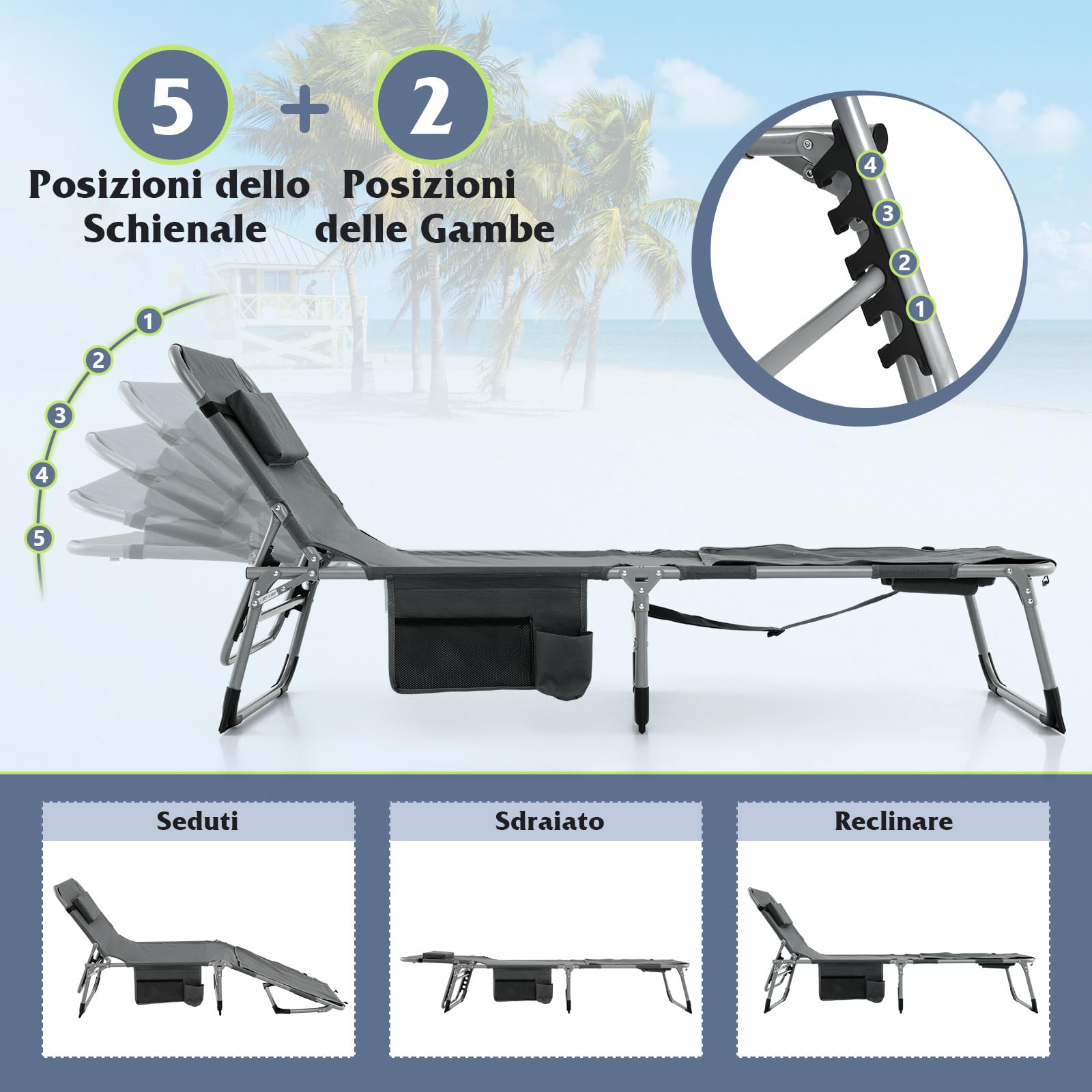 COSTWAY Lettino Prendisole Pieghevole Portatile, Lettino da Spiaggia con Fori per Viso e Braccia, Cuscino Poggiatesta e Tasca, Schienale Regolabile, per Mare e Piscina, Portata 180 kg (Grigio Scuro)