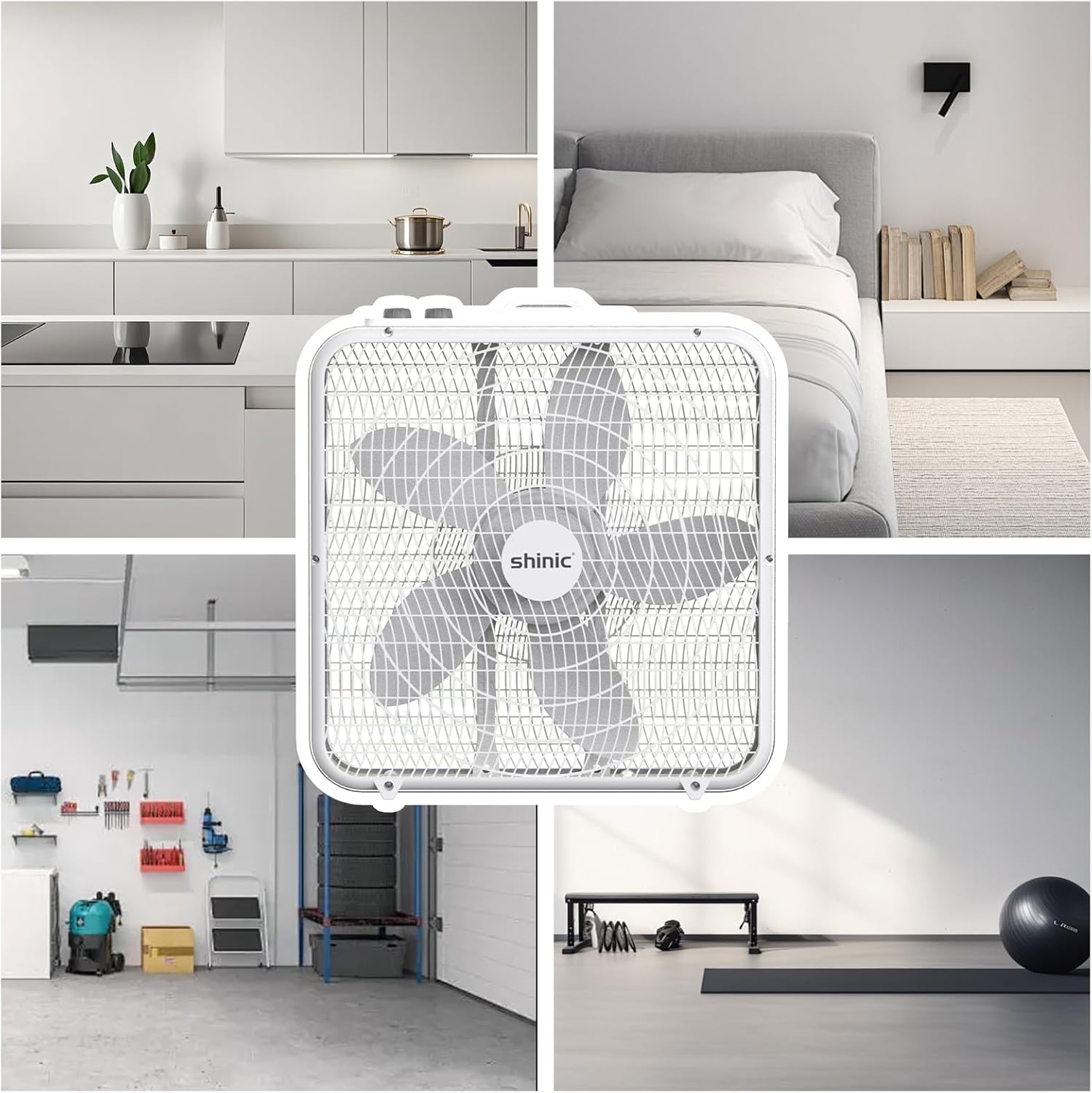 shinic 20 inch Box Fan with Thermostat, 3-Speed Metal Frame Window Box Fan with Carry Handle & Non-Slip Feet, Auto Temperature Control Cooling Fan for Bedroom, Garage, Home Office, Basement