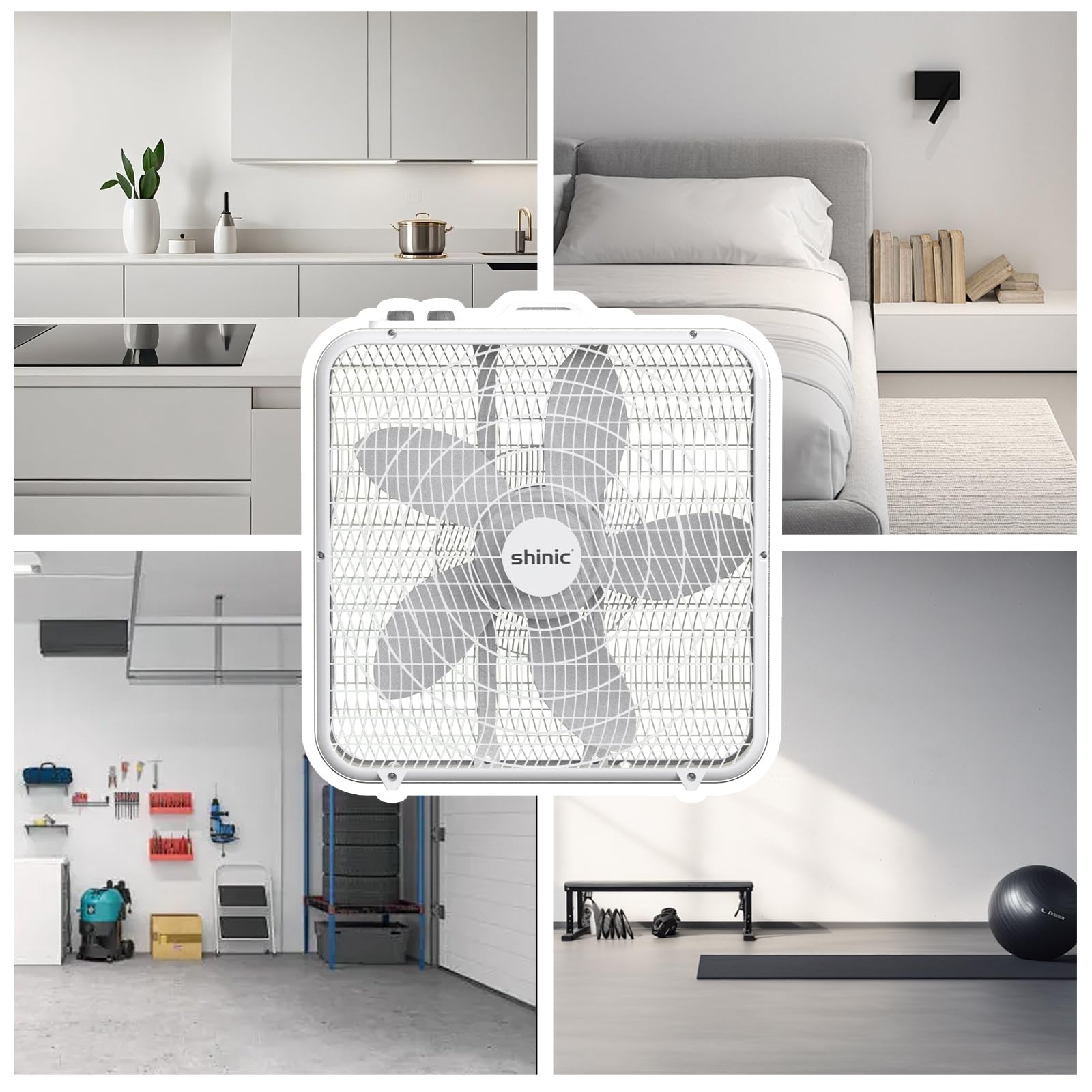 shinic 50,8 cm Kastenventilator mit Thermostat, 3-Gang-Metallrahmen, Fensterboxventilator mit Tragegriff und rutschfesten Füßen, automatische Temperaturregelung, Kühlventilator für Schlafzimmer