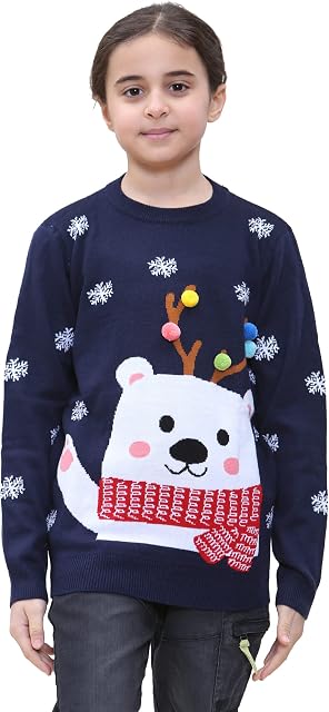 NOROZE Boys Girls Unisex Kids Merry Christmas Football Soccer Ball Red Nose Rudolph Reindeer Moose Santa Tour Bus Muffler Scarf Pom Polar Bear Snowflake Knitted Novelty Ugly Xmas Jumpers Sweater