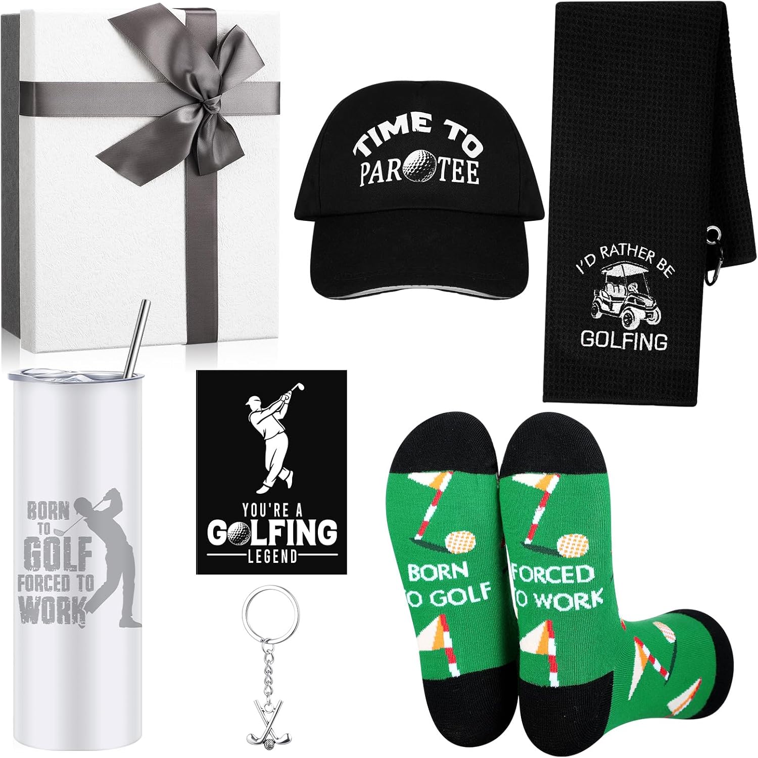 Geiserailie 7 Pcs Golf Gifts for Dad Men Golfing Accessories Gift for Golfer Lovers 16oz Golfing Tumbler Hat Sock Towel Keychain Card Box for Him Father Boyfriend Brother Birthday(Classic)