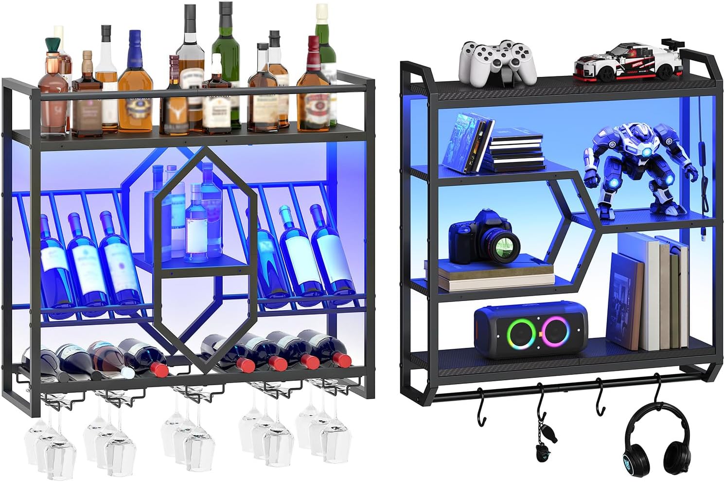 HOOBRO Wall Mounted Wine Rack and Gaming Floating Shelf Bundle, 31.5" Wine Shelf with LED Light, 27.5" LED Wall Mounted Shelf with LED Lights, BB73DBJ01-BB71DBJ01