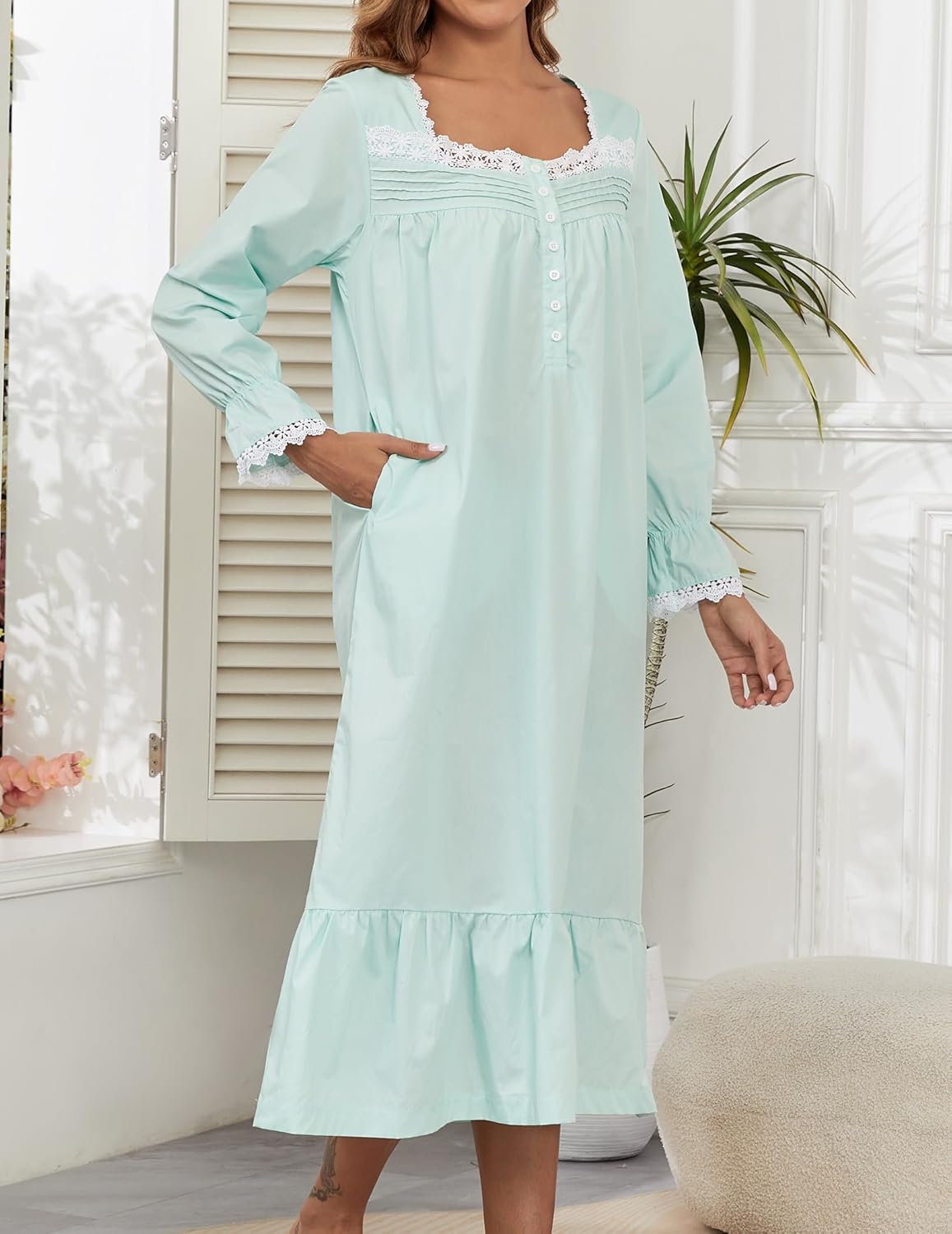 100% Cotton Nightgowns For Women Victorian Night Gown Long Sleeve House Dress With Pockets S-3XL - Image 4