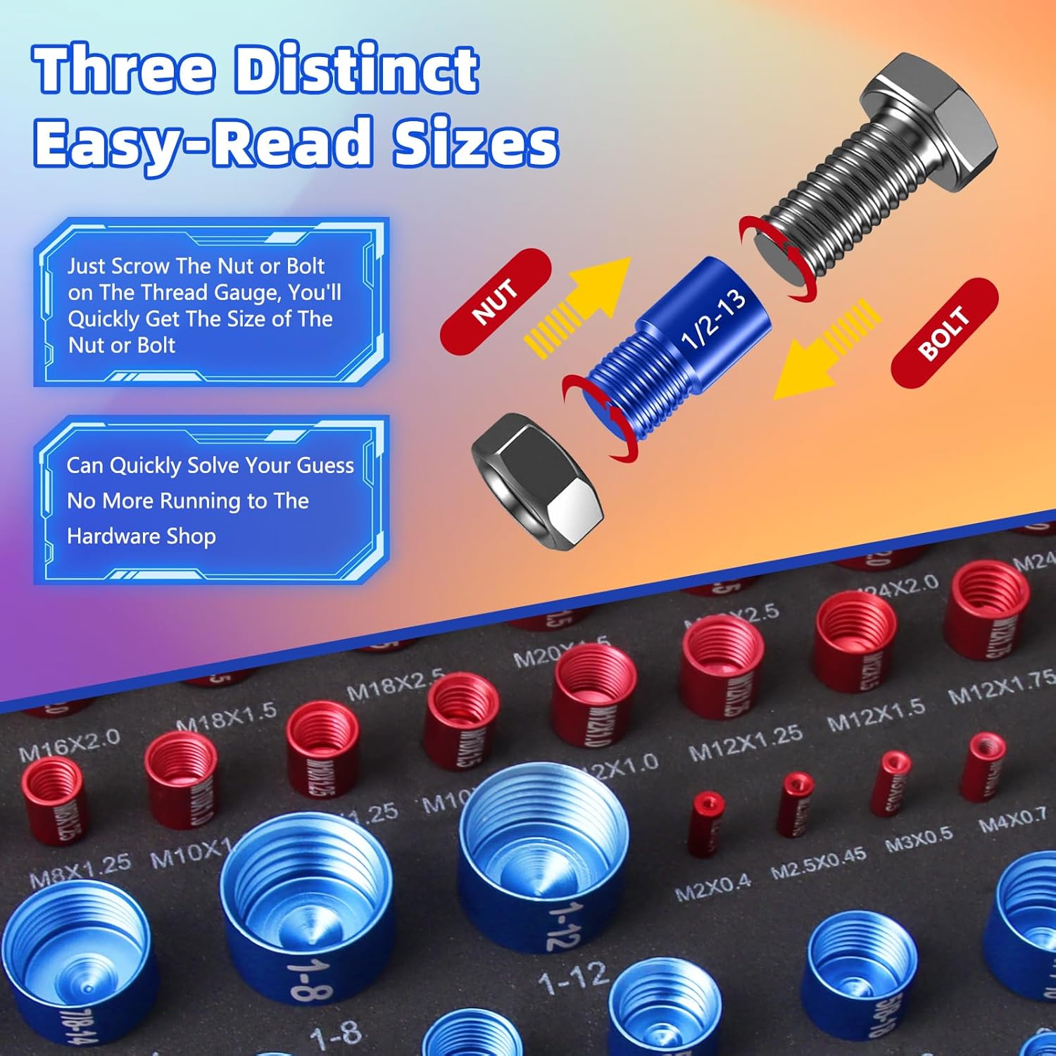 Thread Checker Set (55-Piece), Detachable Nut & Bolt Size Finder with Color-Coded Gauges, Bolt and nut Sizer, Ideal Gift for Mechanics, car Enthusiasts, DIYers, and Home Tool Kits