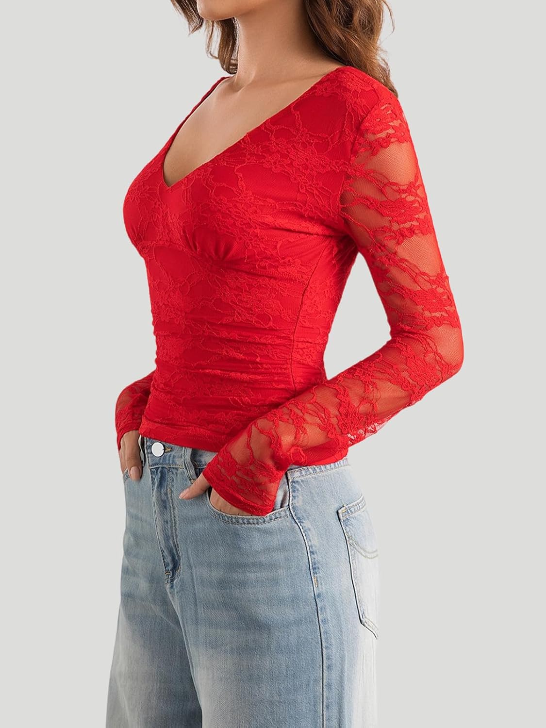 WISFRUIT Women's Sexy Deep V-Neck Lace Long Sleeve Shirts Double Lined Slim Fitted Backless Tie Going Out Crop Top - Image 3