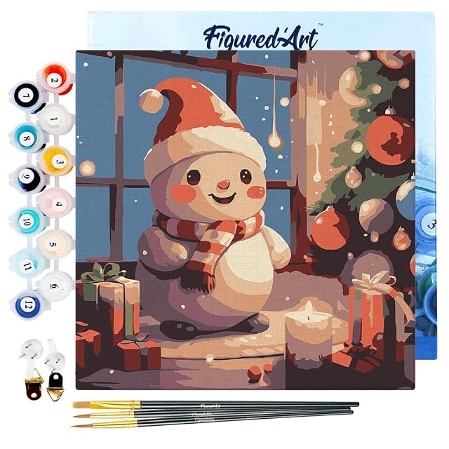 Figured'Art Mini Pintar por Números 20x20cm con marco para Adultos Muñeco de Nieve Feliz en la Habitación