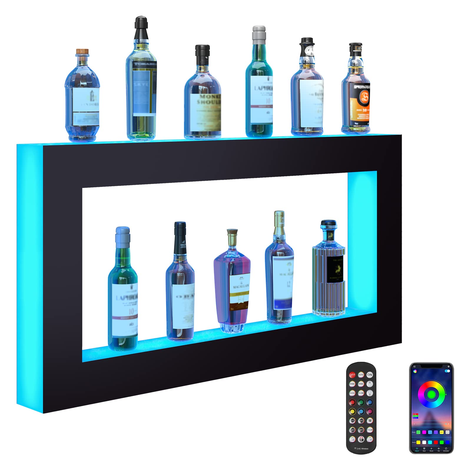 VEVOR LED Lighted Liquor Bottle Display Shelf, Square 48 Inches, Supports USB,Illuminated Home Bar Shelf w/RF Remote & App Control 7 Static Colors 1-4 H Timing, Acrylic Wall-Mounted Shelf