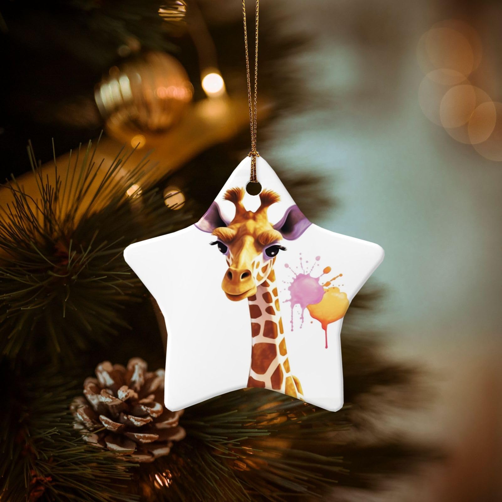 Christmas Ornaments for Christmas Tree Decoration Hanging Giraffe Ornament with Gold Ribbon Crafts Star Shape Ceramic Pendant for Keepsake Gifts Xmas Decor Party Supplies