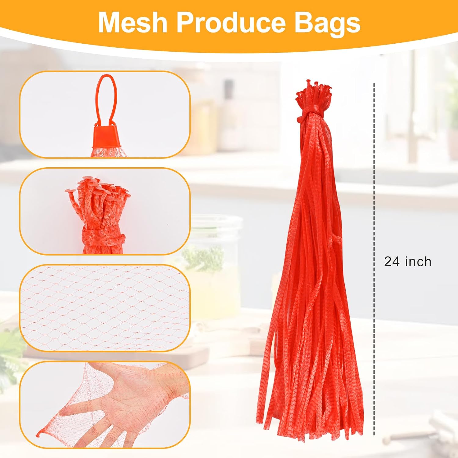 100-Pack Durable Nylon Mesh Bags, 24-Inch Reinforced Storage Bags with Secure Plastic Latches for Produce, Groceries, Toys, and Seafood Boiling