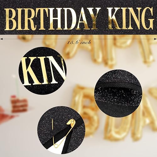 Miniatura 5 de Decoraciones de feliz cumpleaños: corona y banda de rey para hombre, negro y dorado, Metal