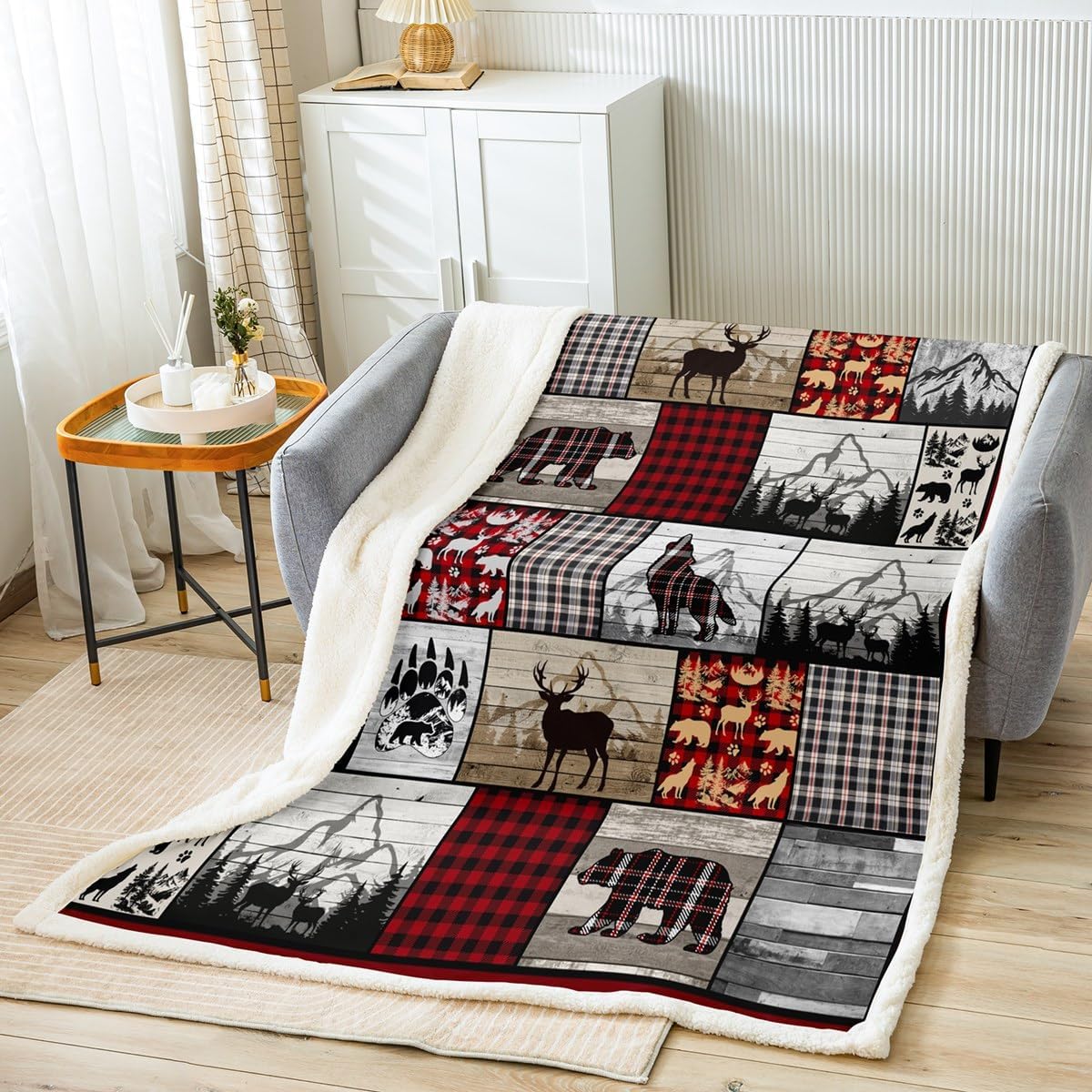 Plaid Deer Elk Bear Wolf Fleece Throw Blanket for Girls Boys Rustic Cabin Farm Forest Camping Hunting Plush Blanket Farm Forest Sherpa Blanket Farmhouse Lodge Fuzzy Blanket 40"x50" Multi N29