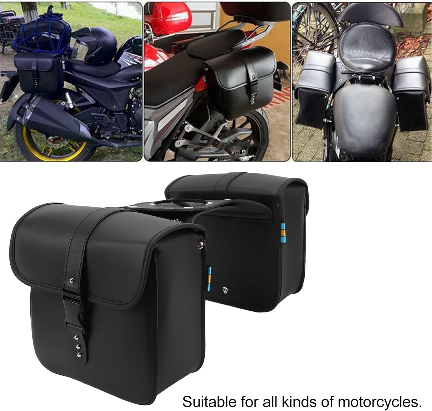 Motorcycle Saddlebags, Universal PU Leather Motorcycle Side Tool Saddle, Cycling Luggage Bag Throw Over Saddlebags Slant Pouch Panniers Box Quick Release Buckles
