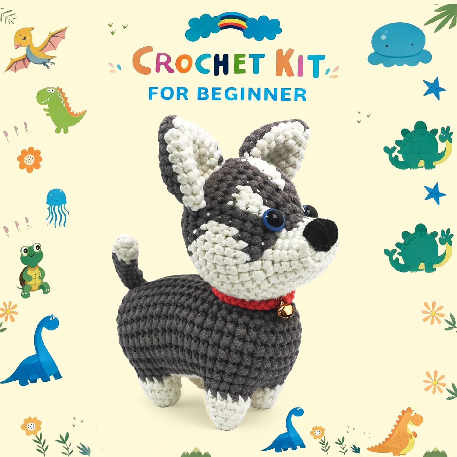 ABOUT RIGHT Crochet Kit for Beginners, Large 6.7” Husky Puppy Amigurumi Starter Kit with Step-by-Step Video Tutorials, Complete DIY Animal Crochet Set for All Ages, Style: Husky