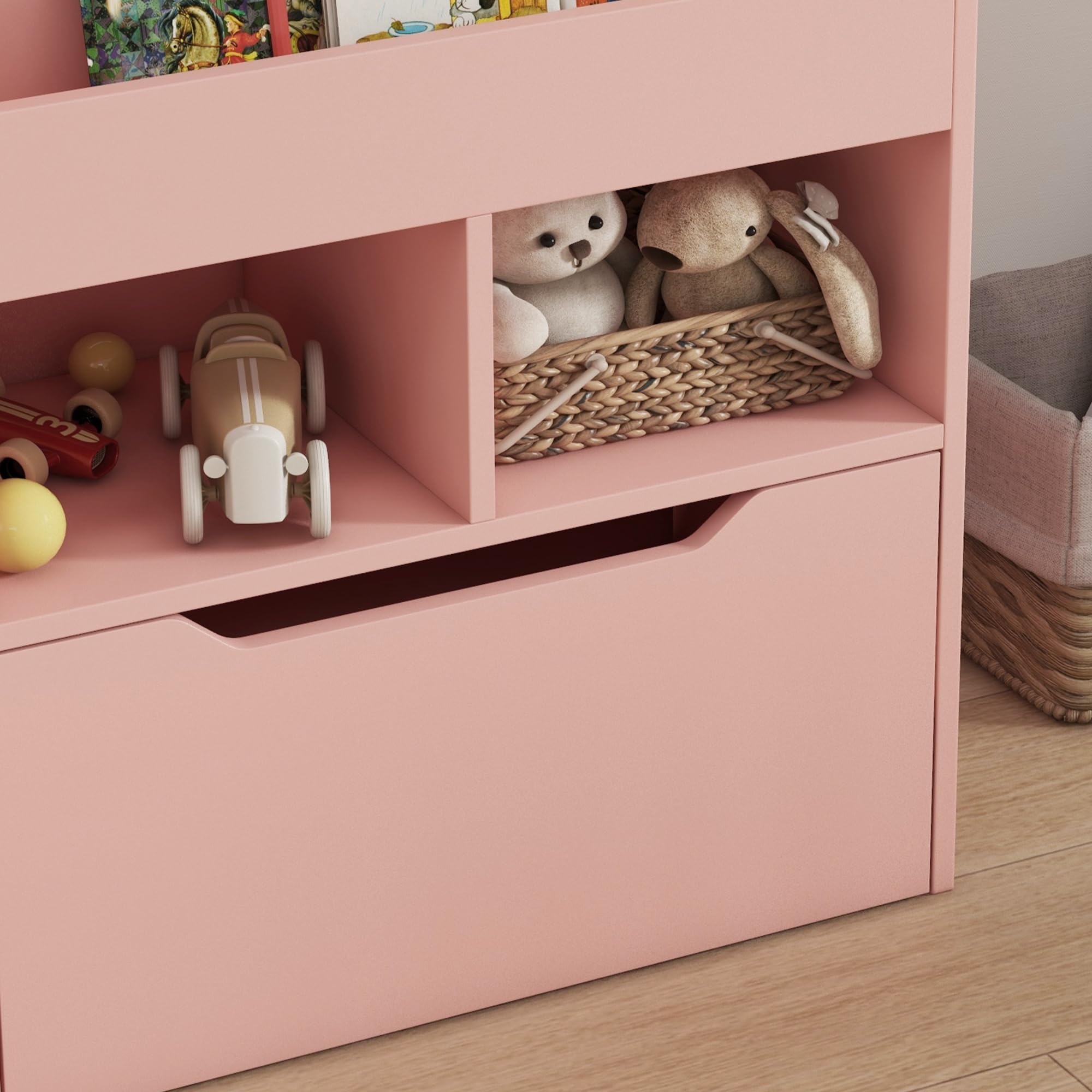 HOMCOM Piccola Libreria per Bambini con Ripiani, Cassetto e Ruote, Scaffale per Giocattoli e Libri in MDF per Cameretta, 60x29.9x90cm, Rosa