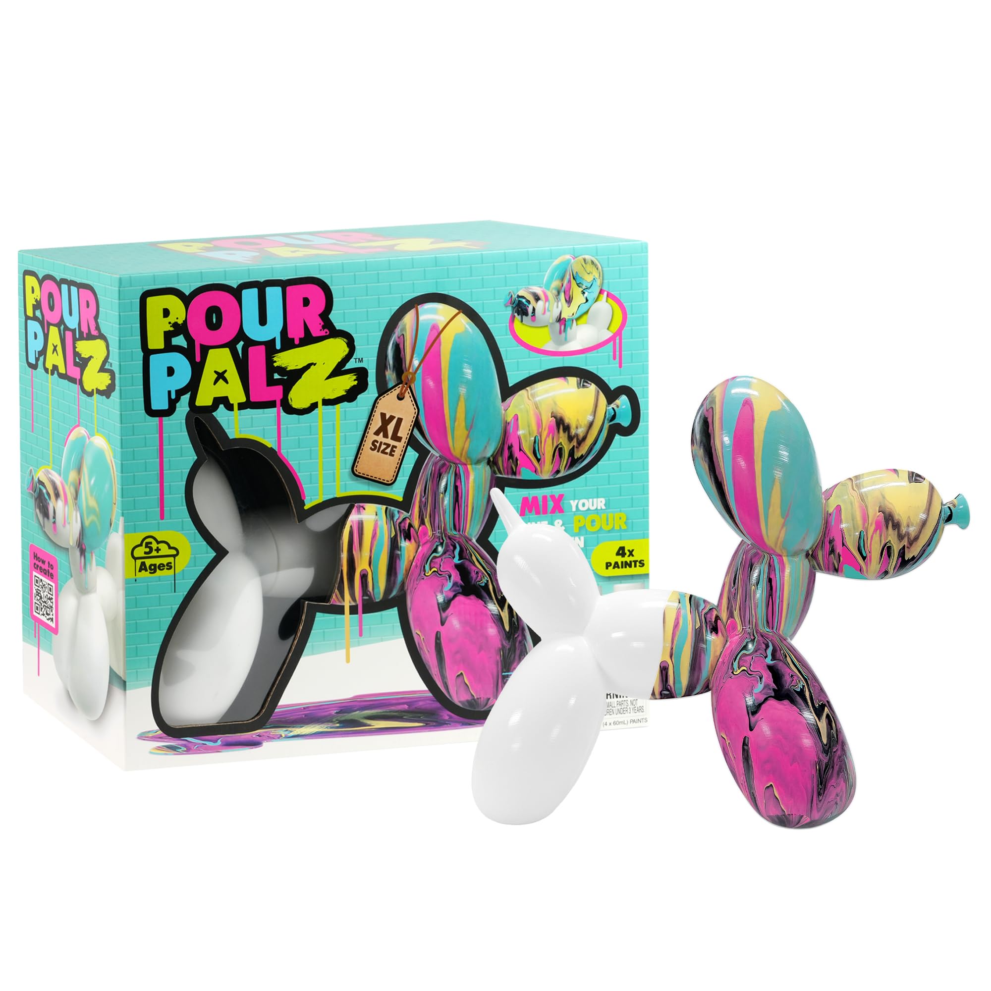 Photo 1 of *Box damaged* Pour Palz DIY Paint Pouring Kit – 1 XL Balloon Dog, 4 Acrylic Pour Paints, Mixing Cups & Tools, Create Unique Marbled Art, Fun Hands-On Craft Kit for Kids & Adults, Candy Ripple, Ages 5+