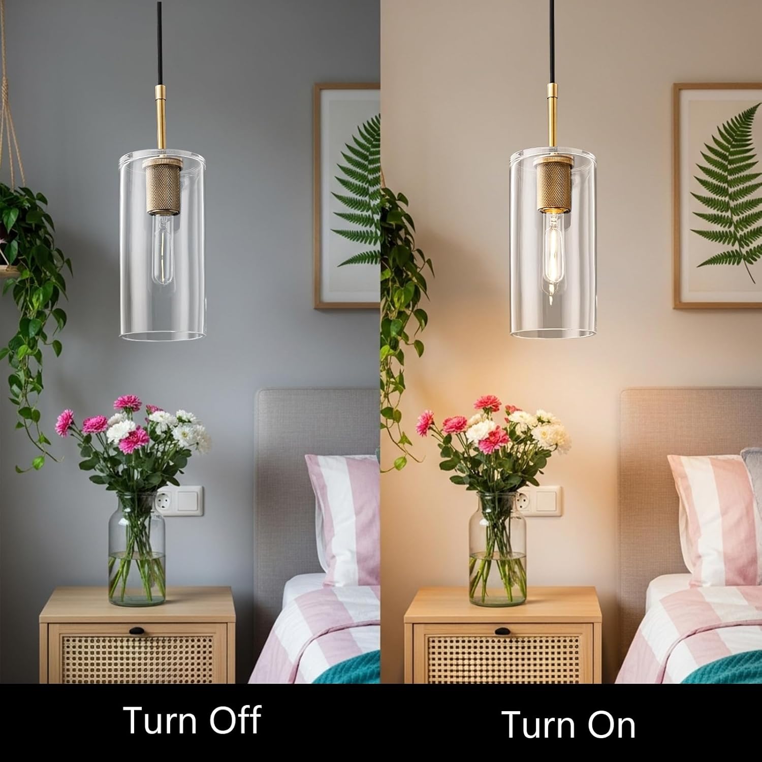 Brass Pendant Lights Kitchen Island 2 Set Modern Glass Pendant Light Fixtures, 9.5'' Farmhouse Gold Pendant Light Fixtures, Indoor Chandelier for Bathroom, Bar Included Bulb