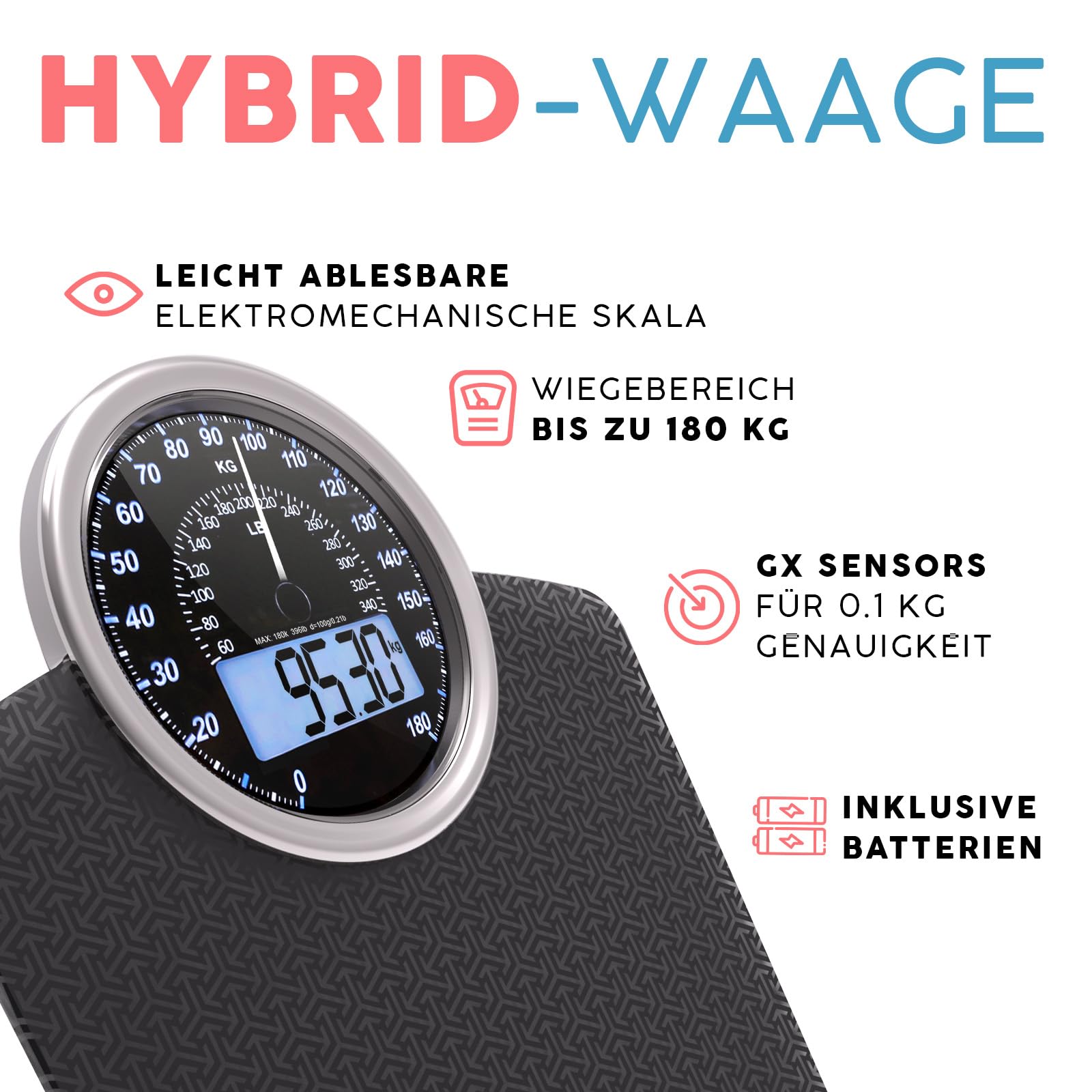 Hybrid Personenwaage - Analog & Digital, Präzise bis 180 kg | Gewicht auf Analogzifferblatt und LCD ablesen. Breite Glasplattform, 3 AAA Batterien inklusive, sofort einsatzbereit.